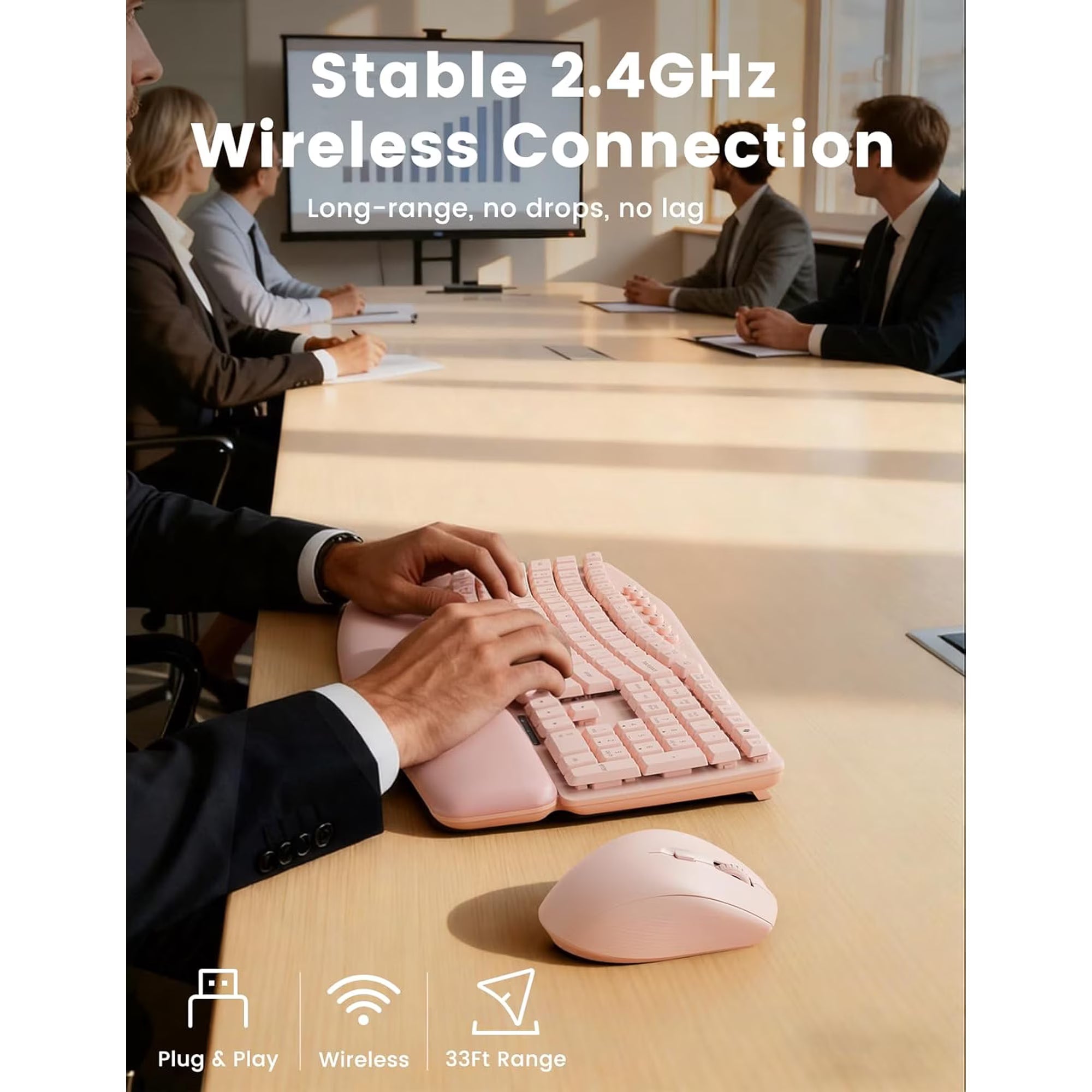 Ensemble clavier et souris sans fil ergonomique silencieux avec repose-poignets, 3 niveaux de DPI – rose