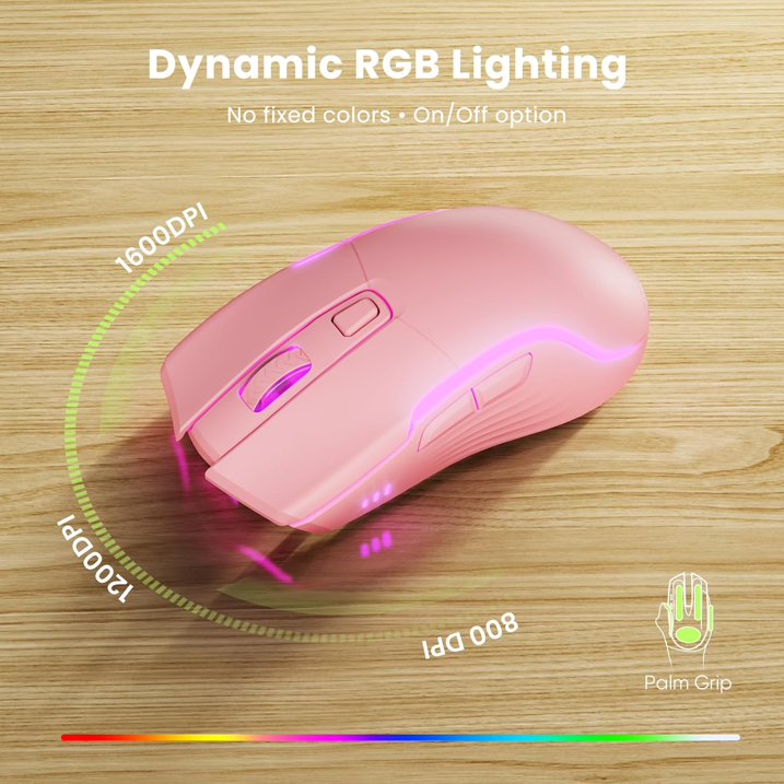 Ensemble clavier et souris sans fil ergonomique rechargeable rétroéclairé RGB silencieux avec repose-poignets avec support pour téléphone, 4000mah – rose