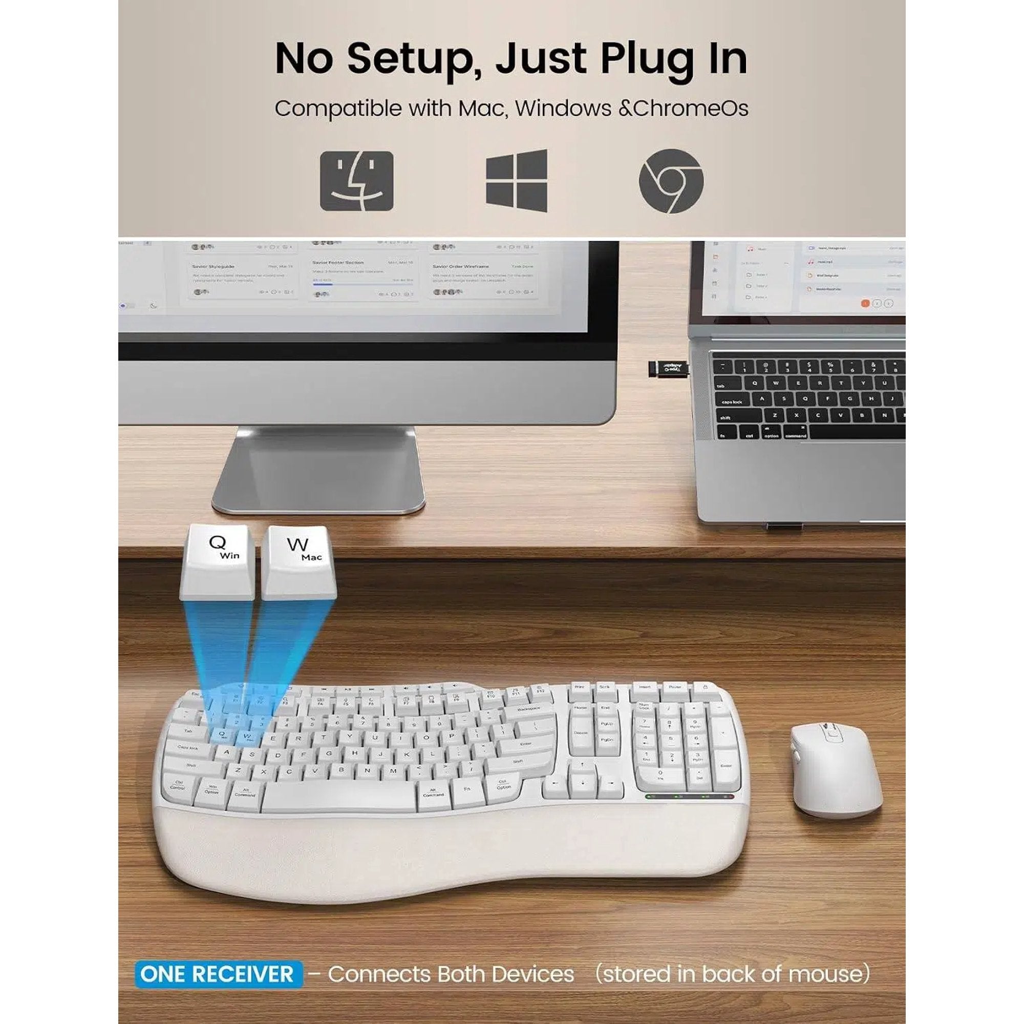 Ensemble clavier et souris sans fil ergonomique avec repose-poignets, 2,4 GHz, 3 niveaux de DPI