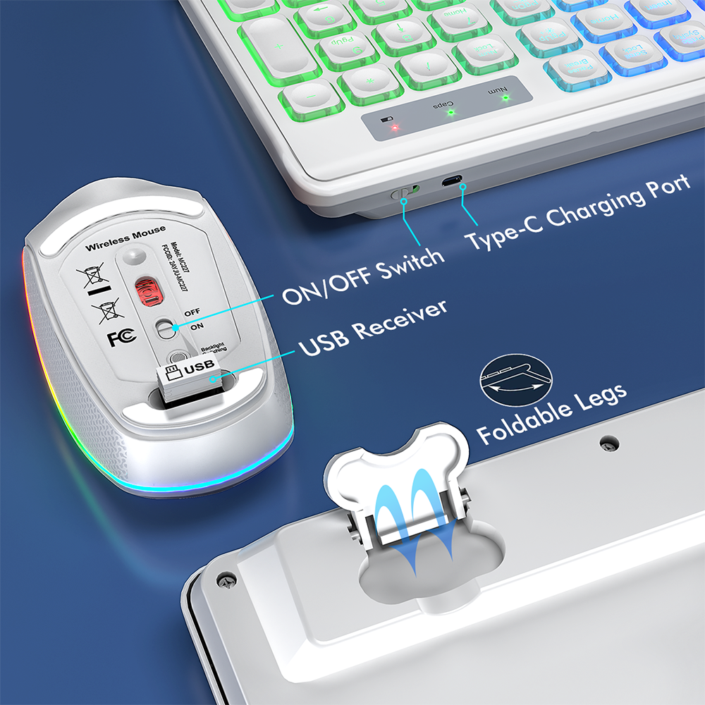 Ensemble clavier et souris sans fil rechargeable rétroéclairé RGB silencieux avec repose-poignets, 2,4 GHz, 112 touches – noir