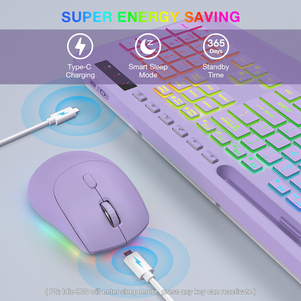 Ensemble clavier et souris sans fil ergonomique rechargeable rétroéclairé silencieux avec repose-poignets avec support pour téléphone – violet