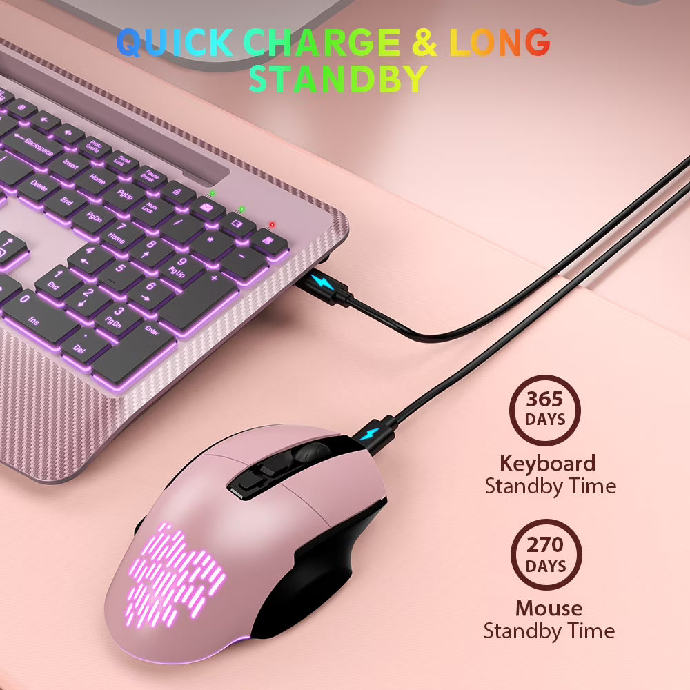 Ensemble clavier et souris sans fil ergonomique rechargeable rétroéclairé RGB silencieux avec repose-poignets avec support pour téléphone