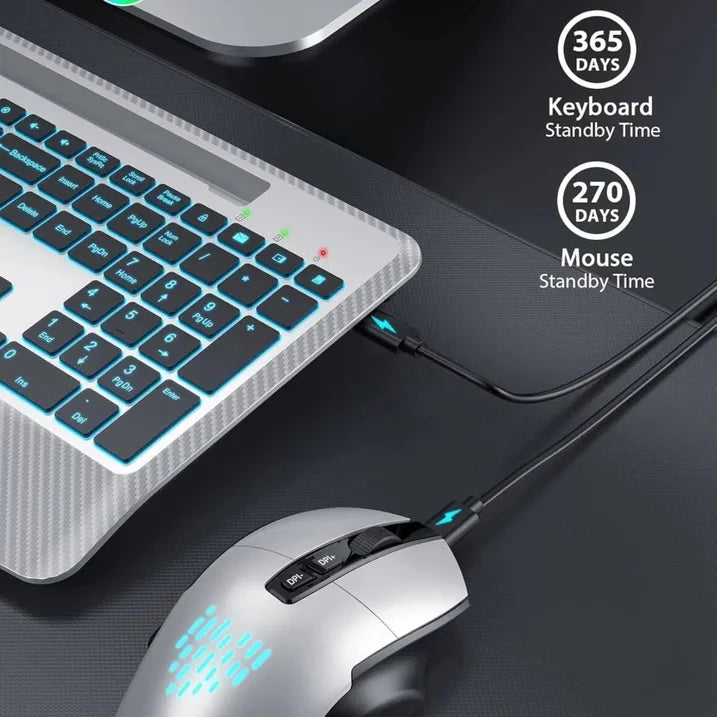 Ensemble clavier et souris sans fil ergonomique rechargeable rétroéclairé RGB silencieux avec repose-poignets avec support pour téléphone – noir