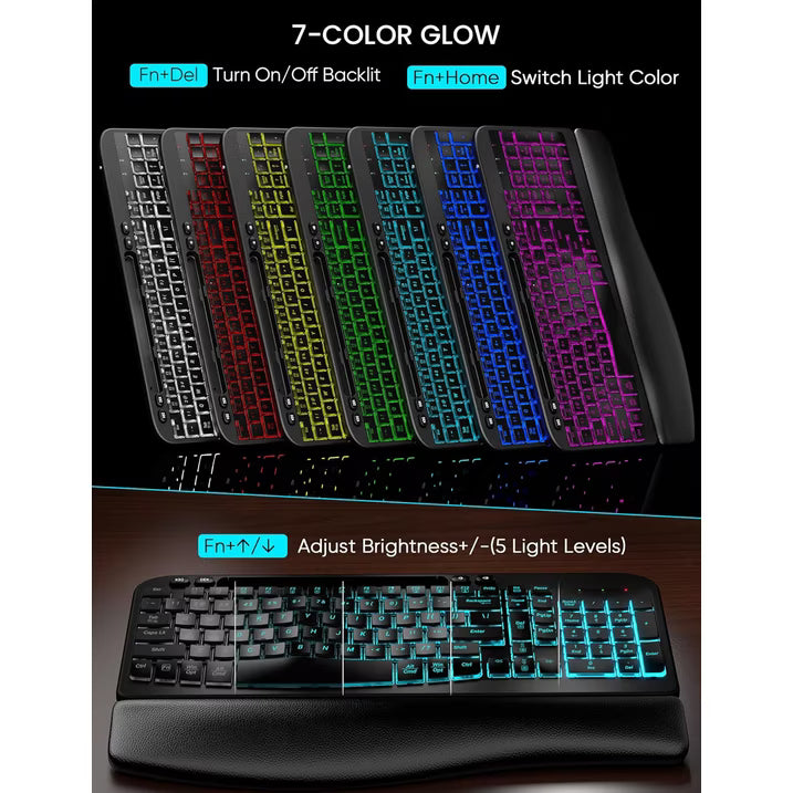 Ensemble clavier et souris sans fil ergonomique rechargeable rétroéclairé RGB avec repose-poignets, 2,4 GHz