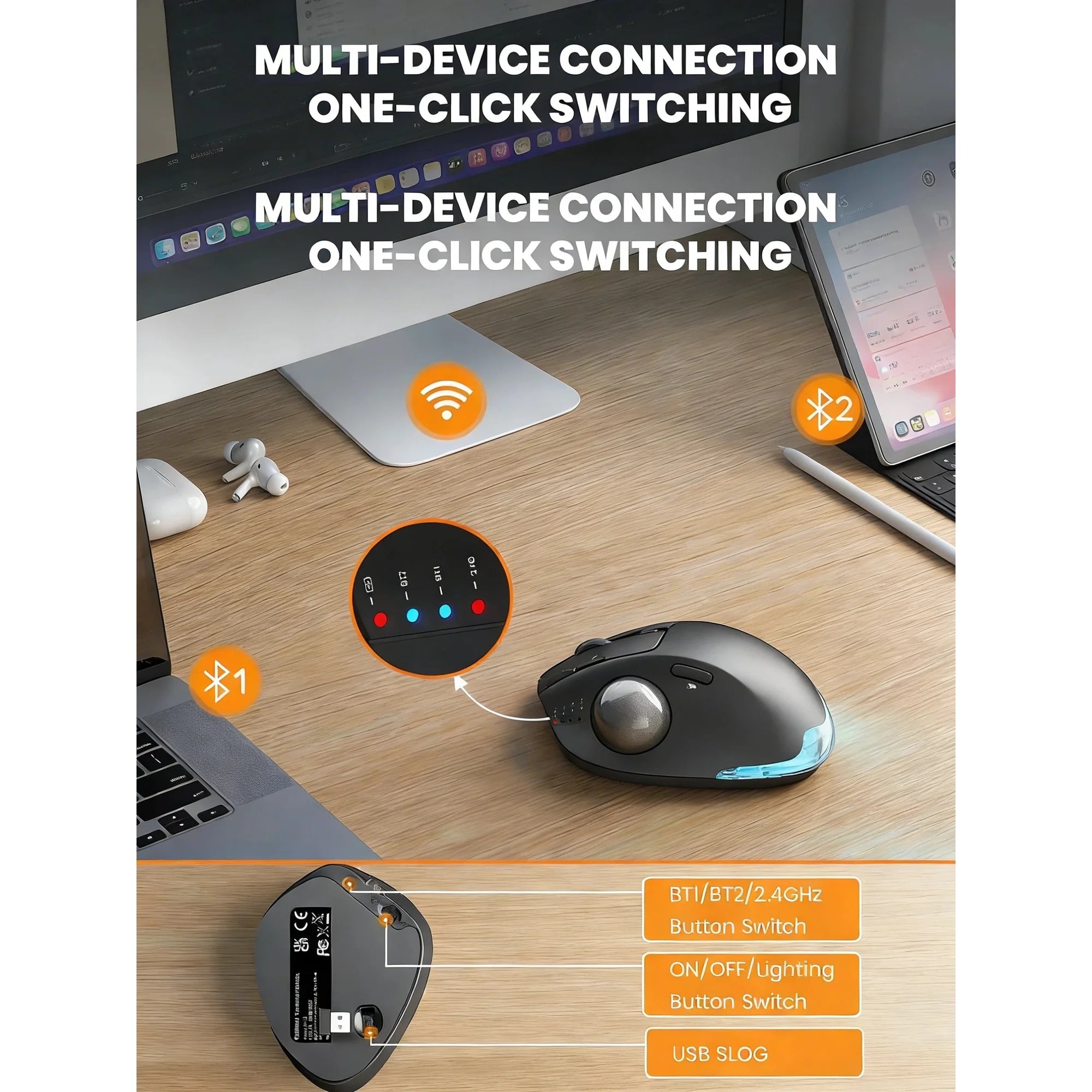 Souris trackball ergonomique sans fil rechargeable silencieuse – bleu