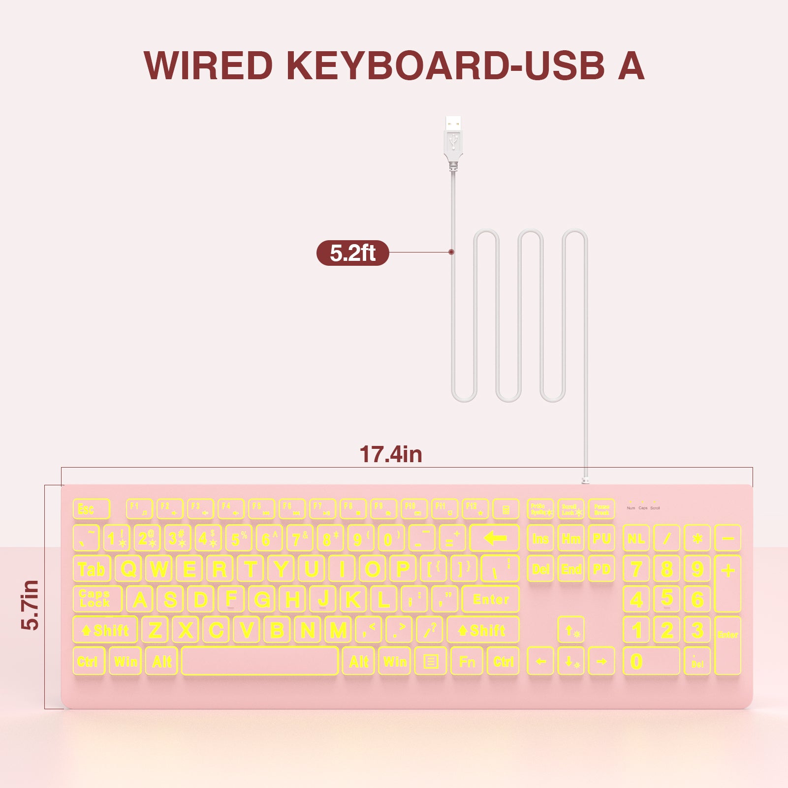 Clavier filaire ergonomique rétroéclairé à grands caractères – rose
