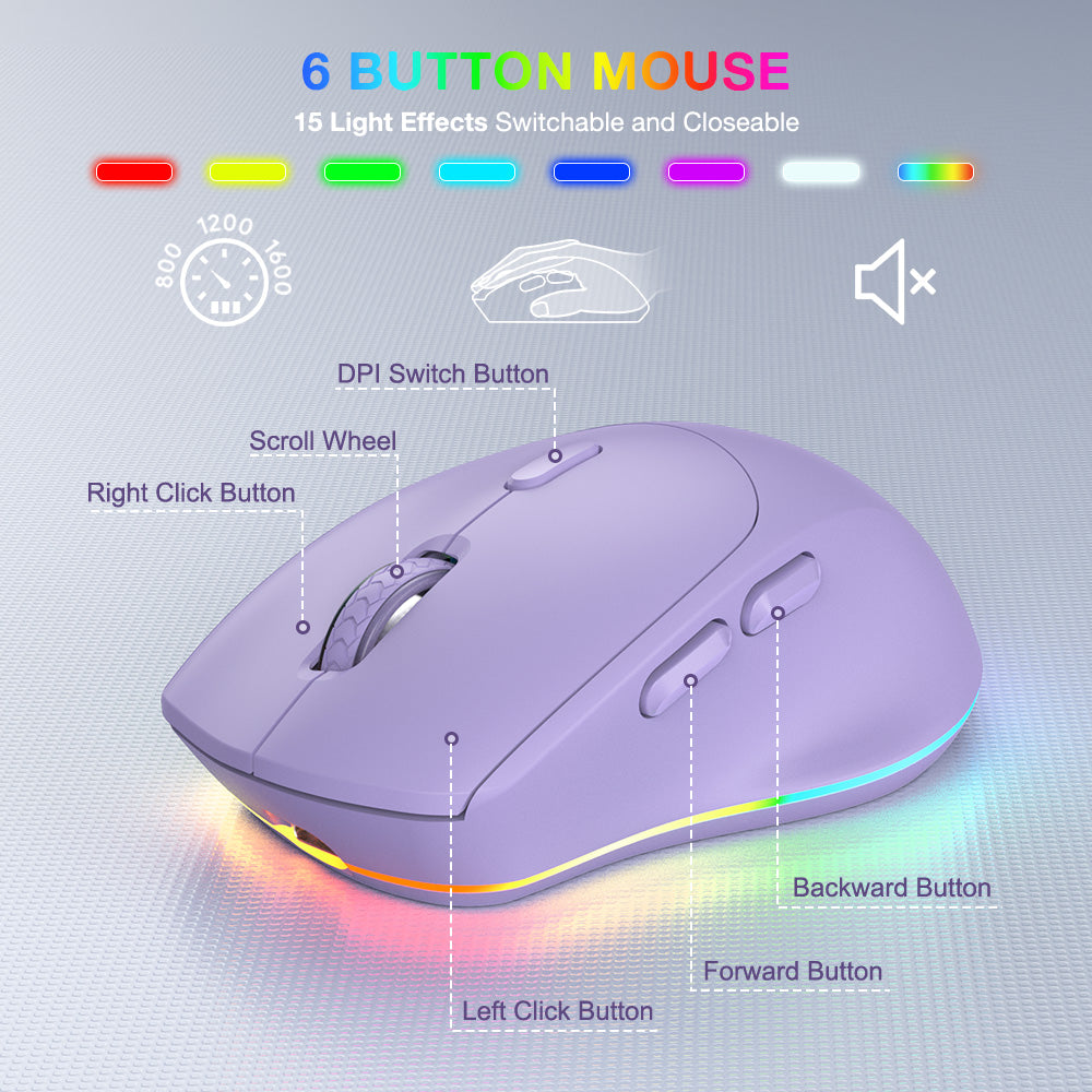 Ensemble clavier et souris sans fil ergonomique rechargeable rétroéclairé silencieux avec repose-poignets avec support pour téléphone – violet