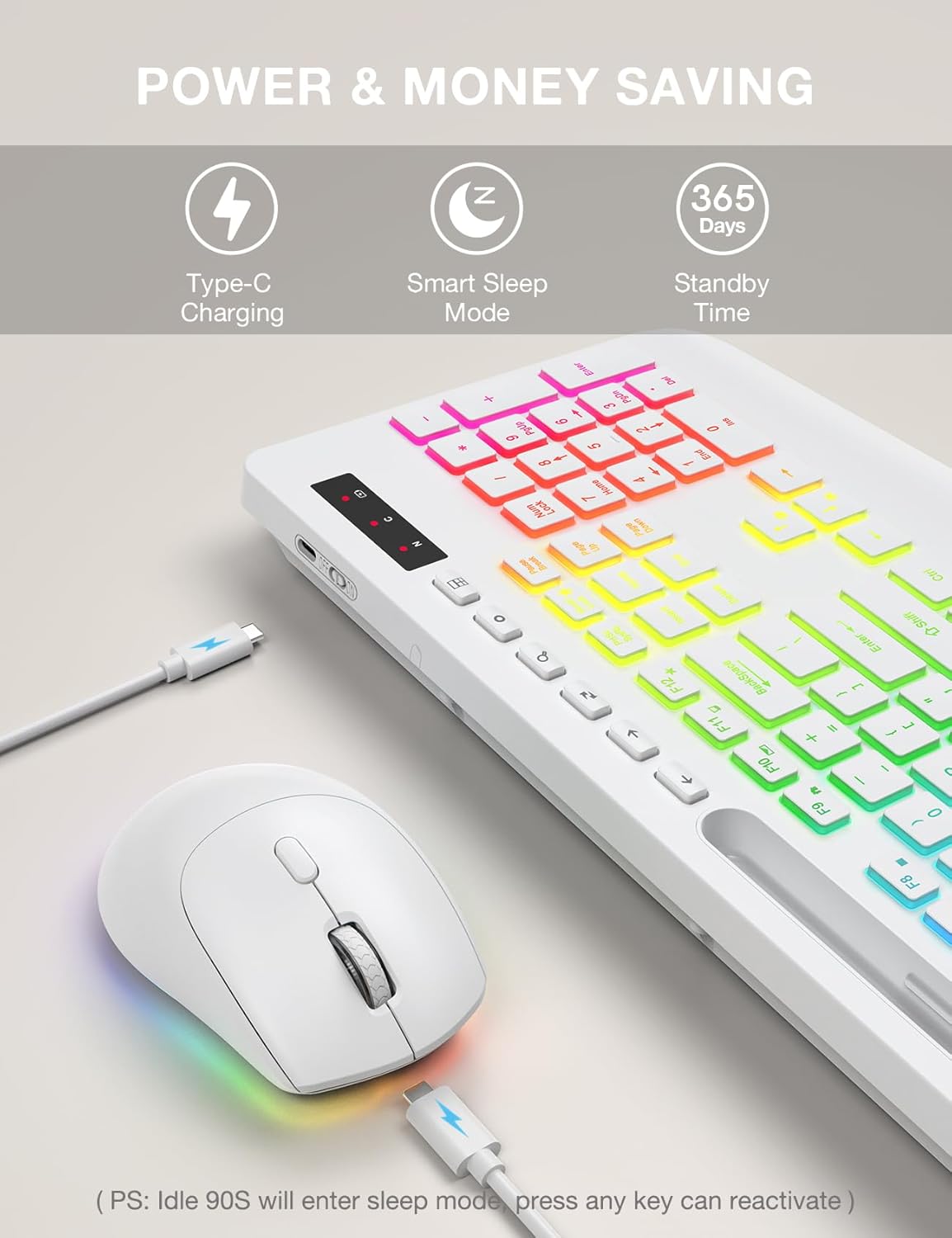 Ensemble clavier et souris sans fil ergonomique rechargeable rétroéclairé silencieux avec repose-poignets avec support pour téléphone – blanc
