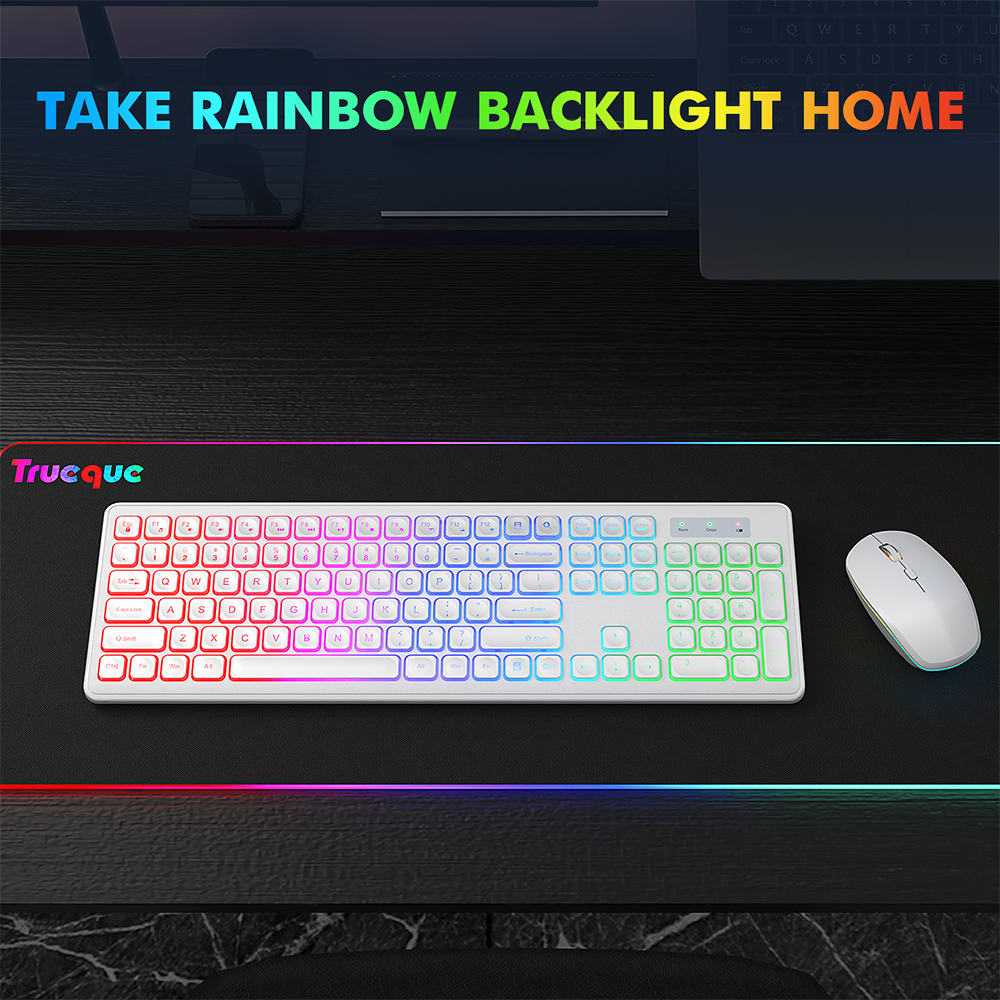 Ensemble clavier et souris sans fil rechargeable rétroéclairé RGB silencieux avec repose-poignets, 2,4 GHz, 112 touches – noir