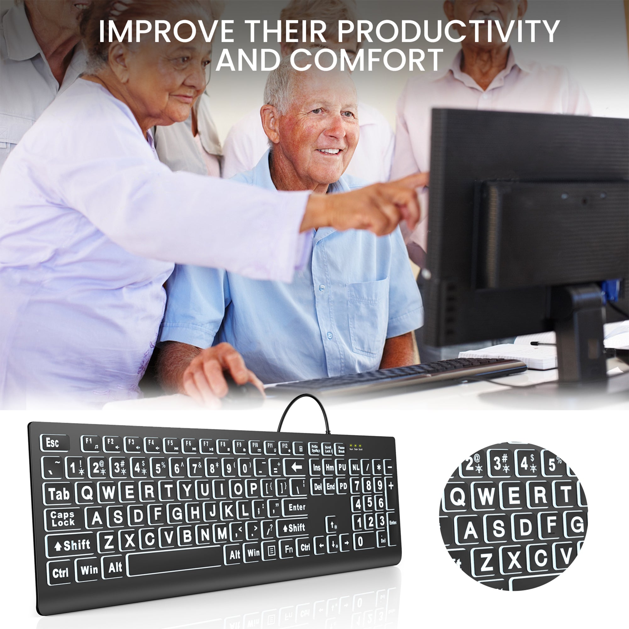 Clavier filaire ergonomique rétroéclairé à grands caractères