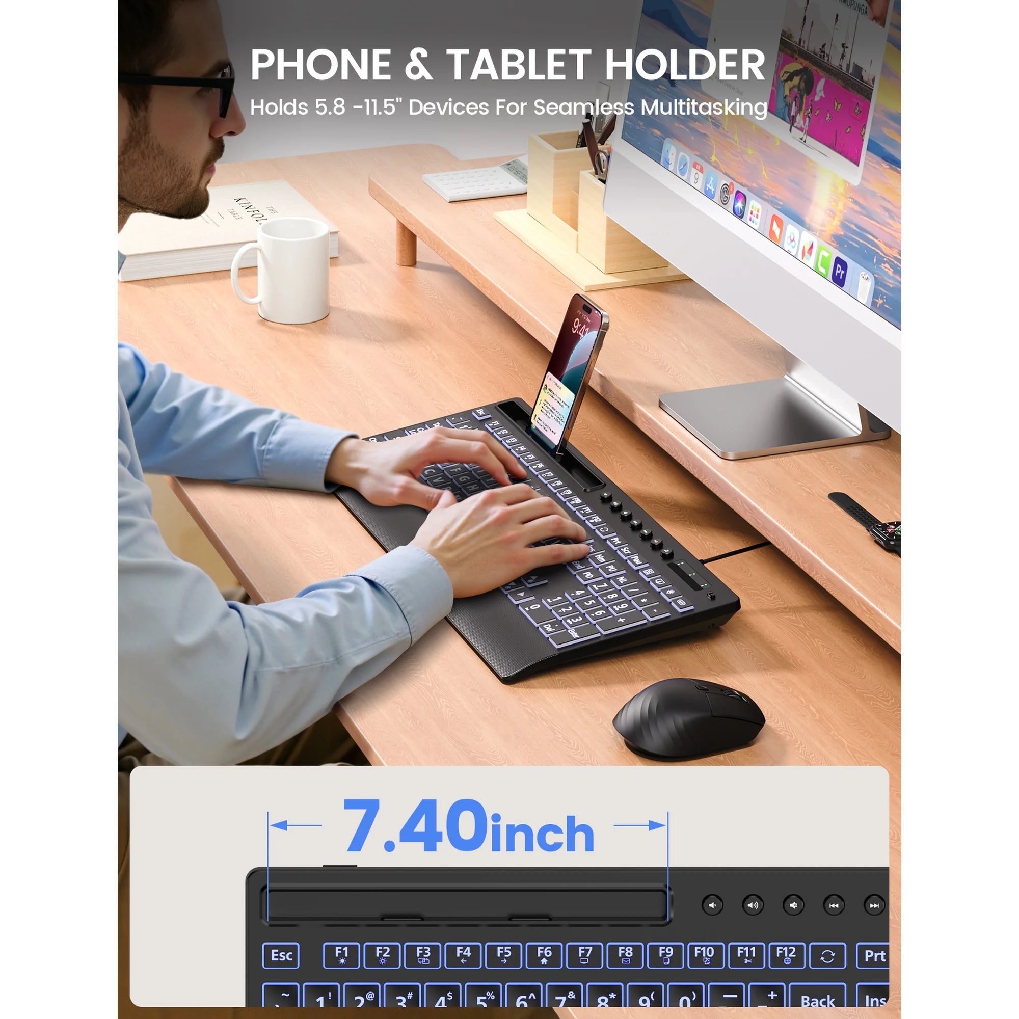 Clavier filaire ergonomique rétroéclairé silencieux à grands caractères avec repose-poignets avec support pour téléphone