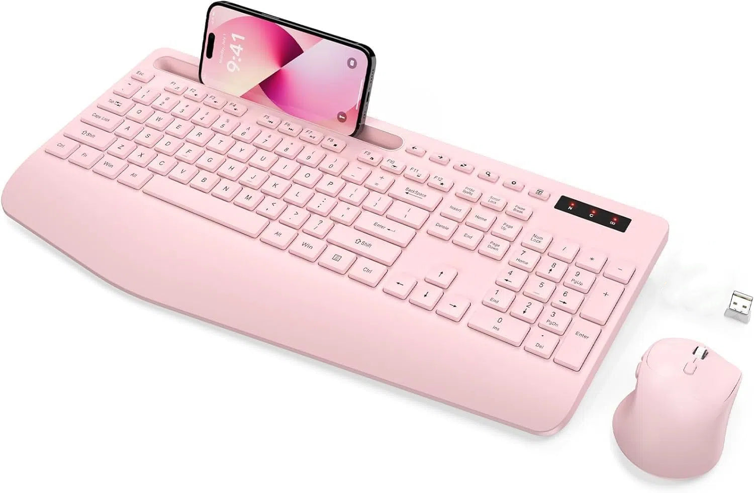 Ensemble clavier et souris sans fil ergonomique silencieux avec repose-poignets avec support pour téléphone, 2,4 GHz – rose clair