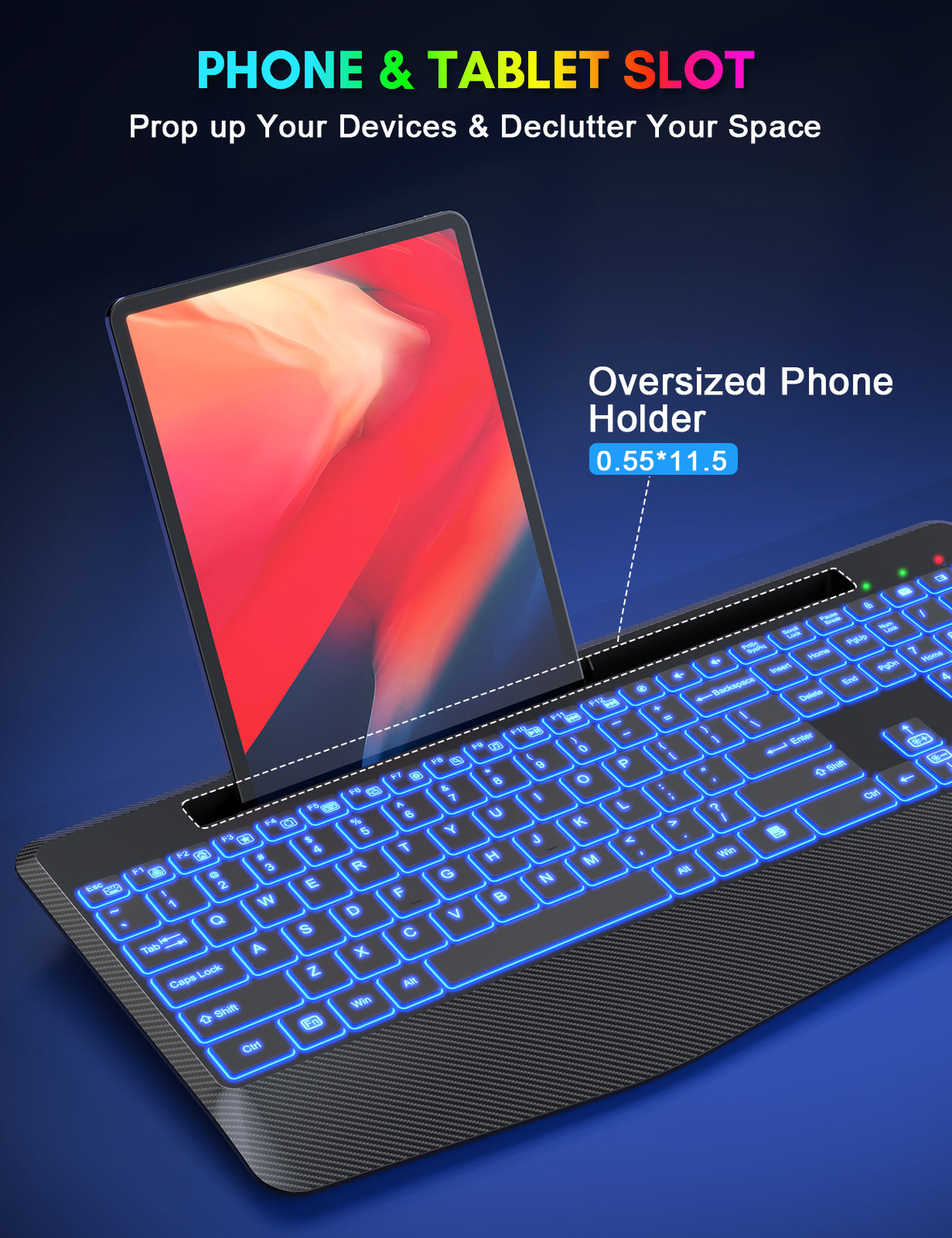 Clavier sans fil ergonomique rechargeable rétroéclairé silencieux avec repose-poignets avec support pour téléphone, 2,4 GHz