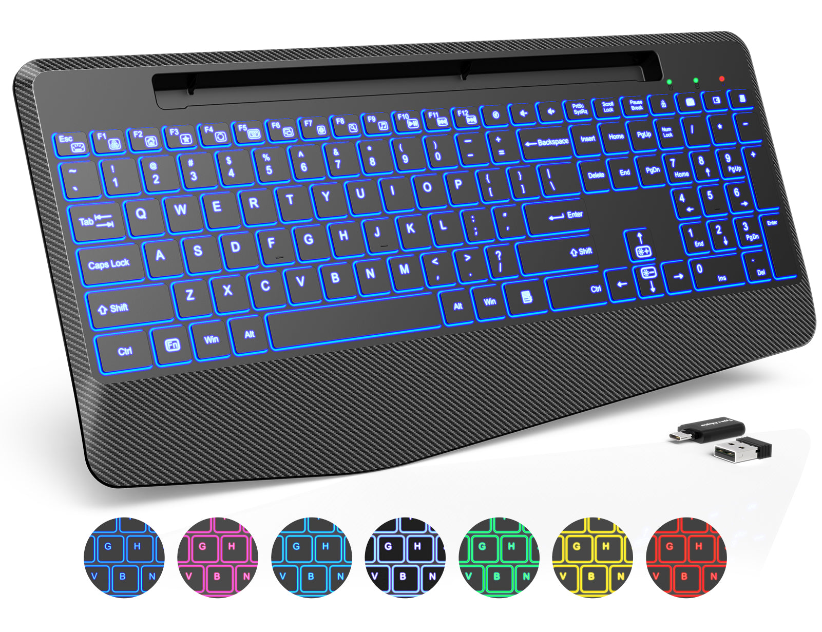 Clavier sans fil ergonomique rechargeable rétroéclairé silencieux avec repose-poignets avec support pour téléphone, 2,4 GHz