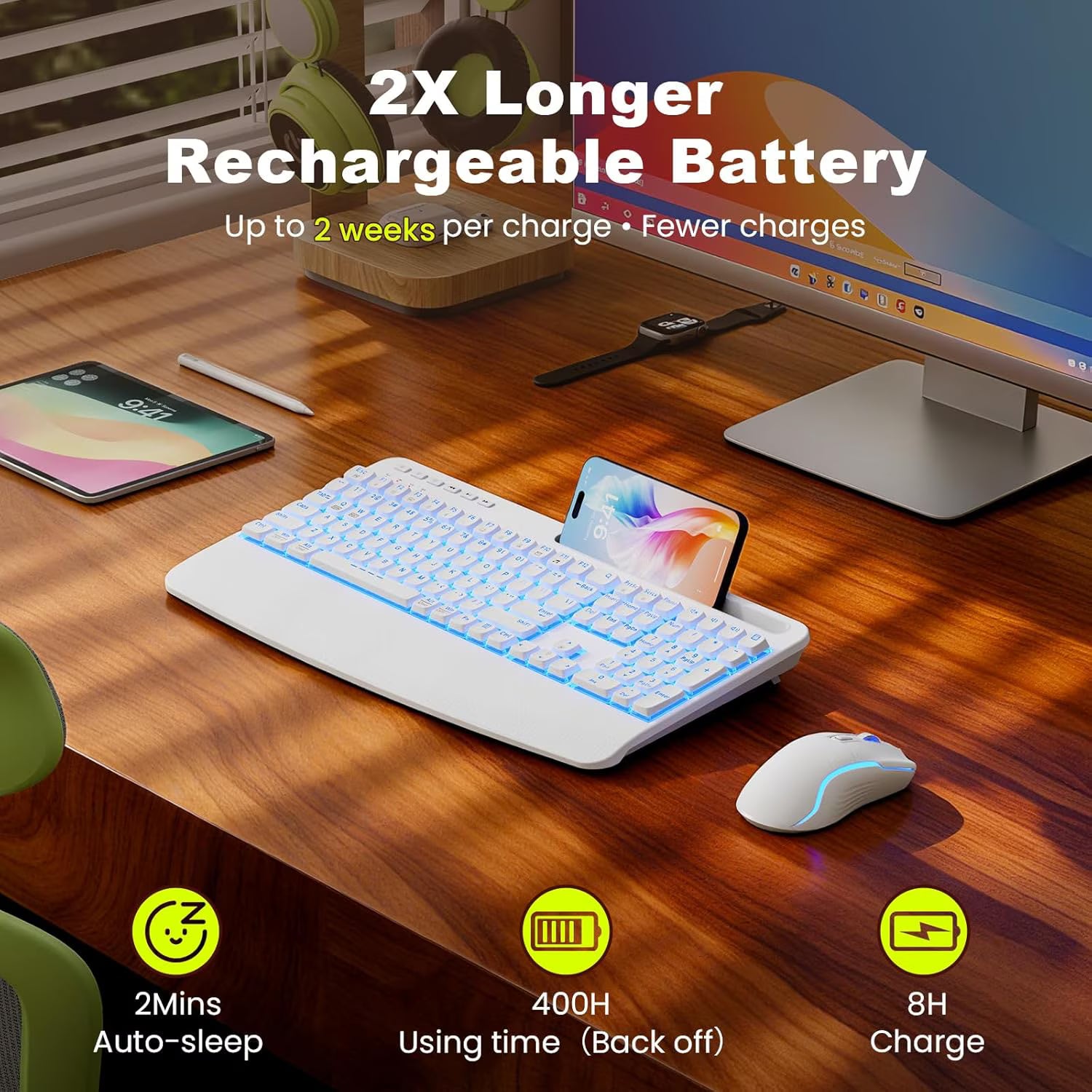 Ensemble clavier et souris sans fil ergonomique rechargeable rétroéclairé RGB silencieux avec repose-poignets avec support pour téléphone, 4000mah – blanc nuage