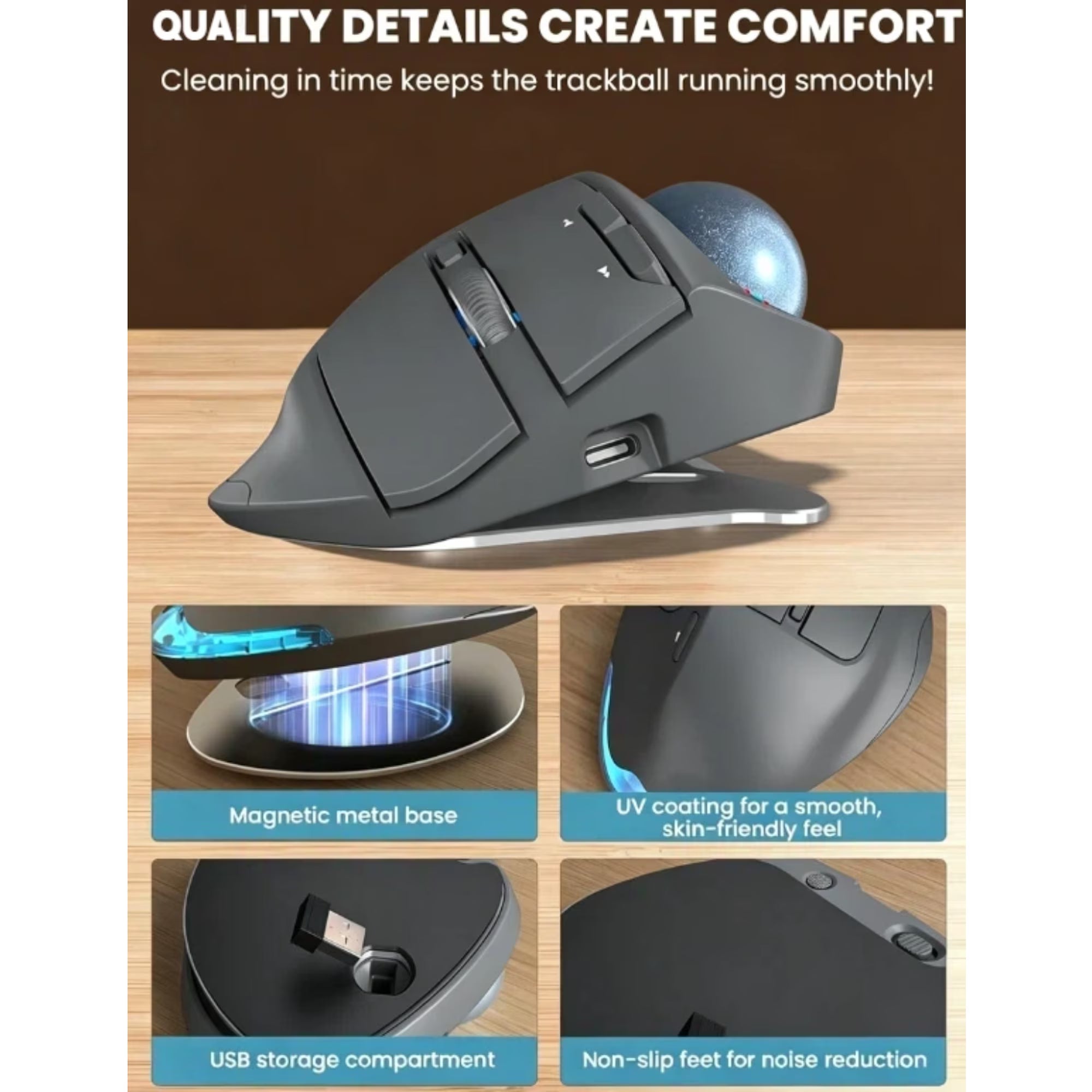 Souris trackball ergonomique sans fil rechargeable silencieuse – gris
