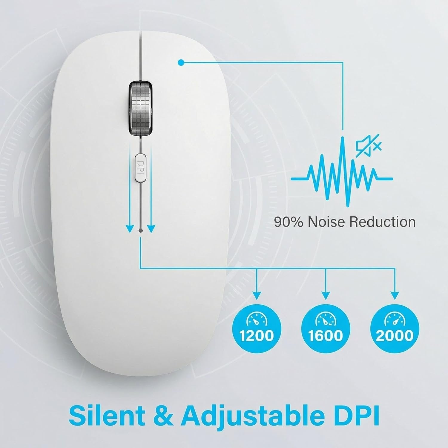 Souris informatique sans fil rechargeable silencieuse, 2,4 GHz, 3 niveaux de DPI – blanc