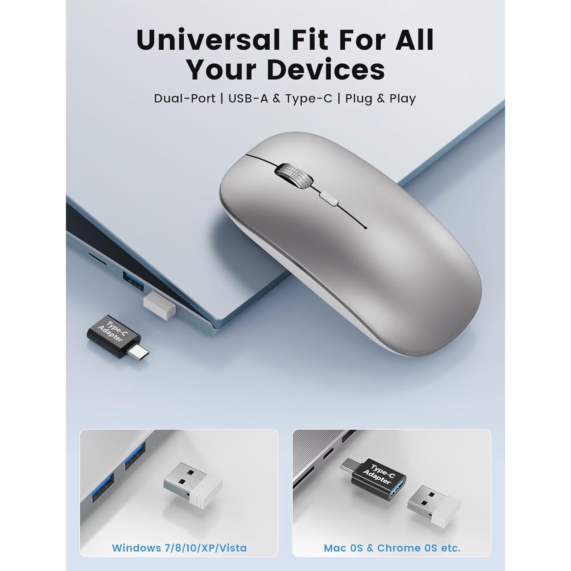 Souris informatique sans fil rechargeable silencieuse, 2,4 GHz, 3 niveaux de DPI