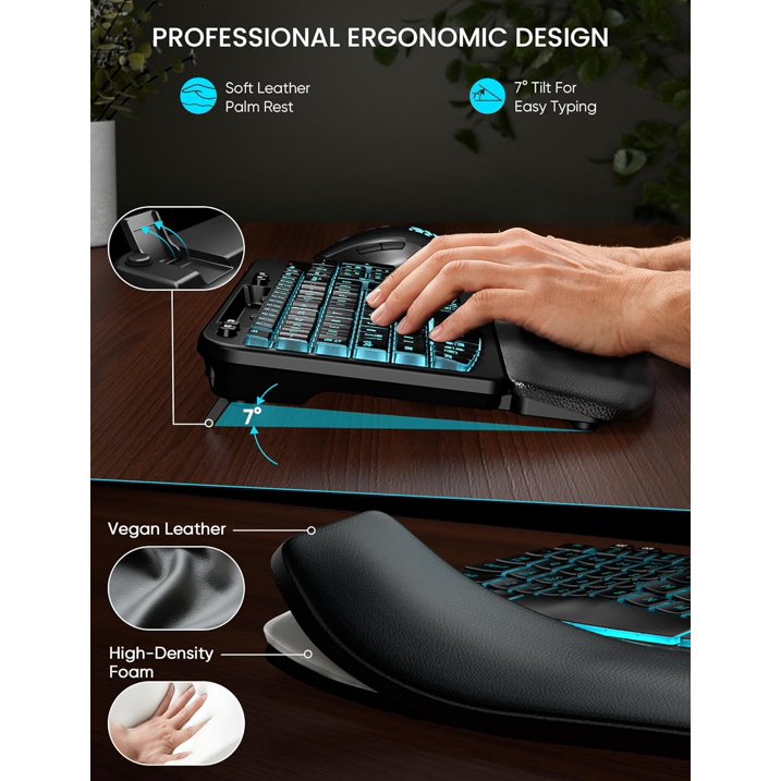 Ensemble clavier et souris sans fil ergonomique rechargeable rétroéclairé RGB avec repose-poignets, 2,4 GHz