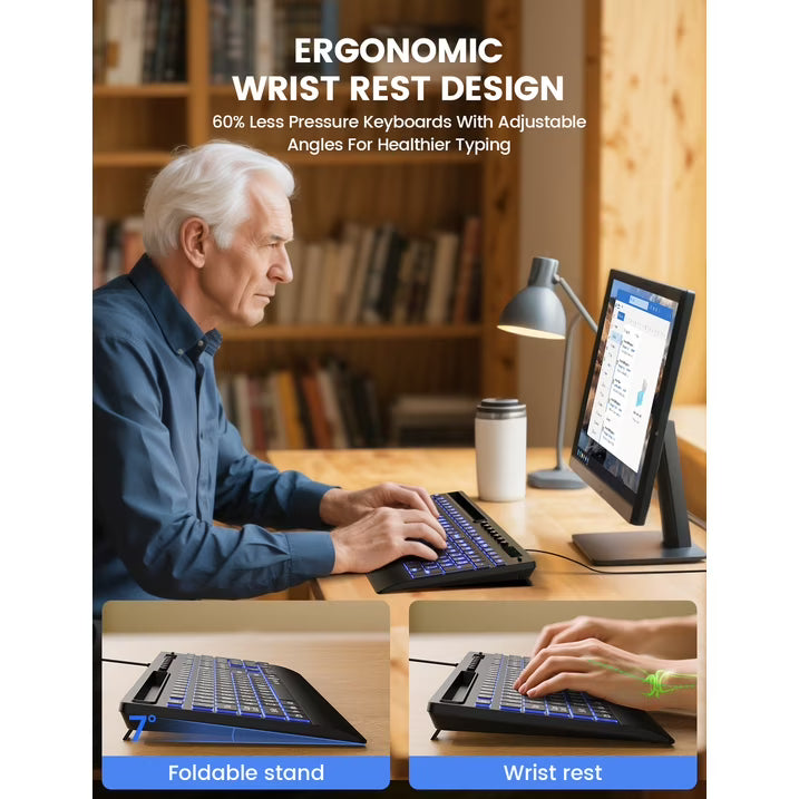 Clavier filaire ergonomique rétroéclairé silencieux à grands caractères avec repose-poignets avec support pour téléphone