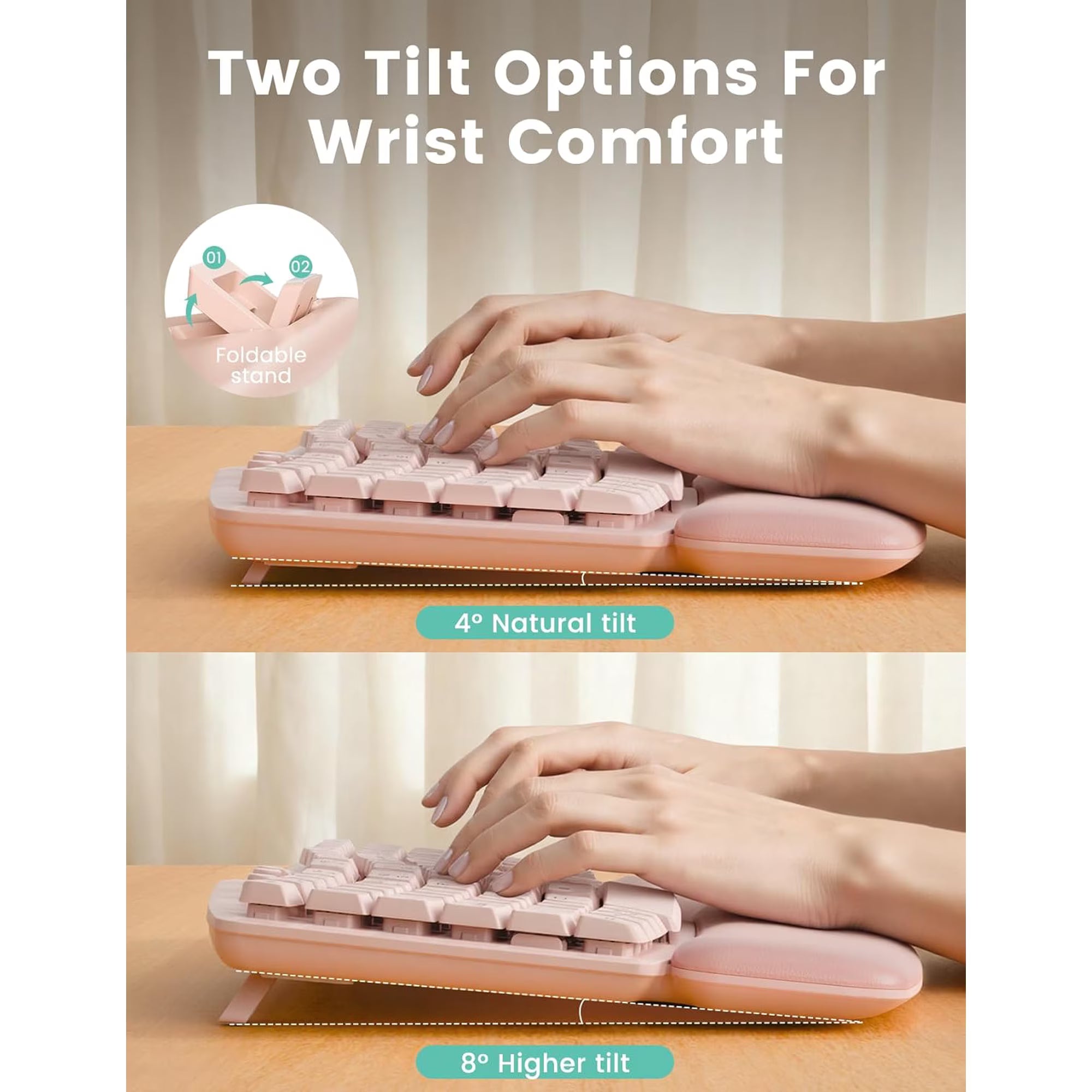 Ensemble clavier et souris sans fil ergonomique silencieux avec repose-poignets, 3 niveaux de DPI – rose