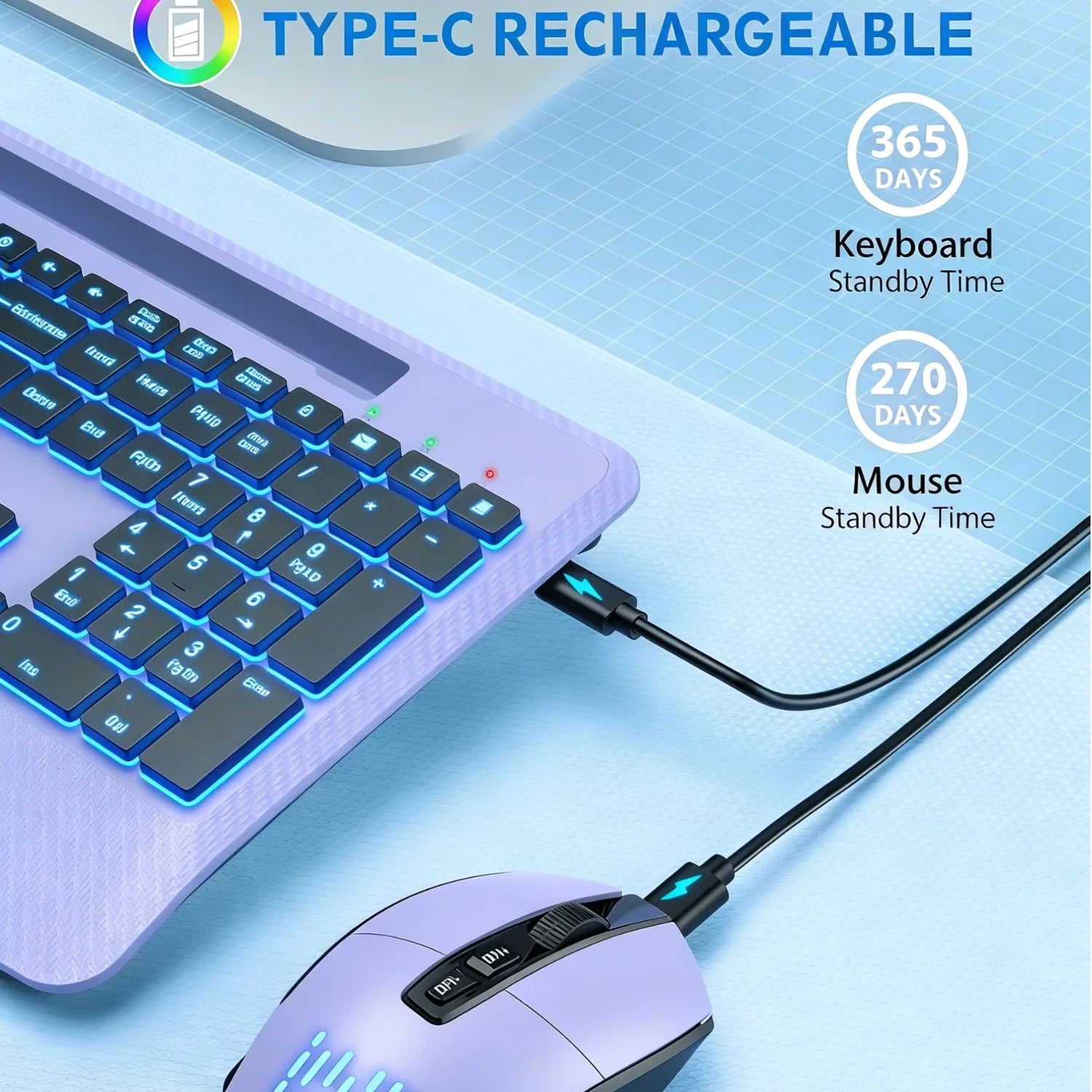 Ensemble clavier et souris sans fil ergonomique rechargeable rétroéclairé RGB silencieux avec repose-poignets avec support pour téléphone – violet