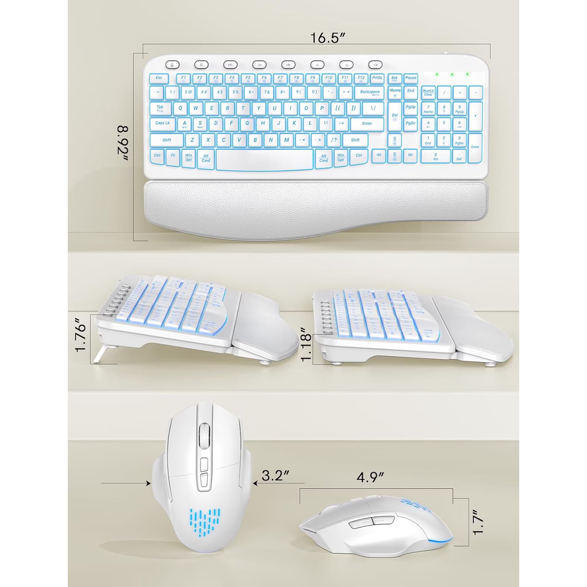 Ensemble clavier et souris sans fil ergonomique rechargeable rétroéclairé RGB avec repose-poignets, 2,4 GHz – blanc