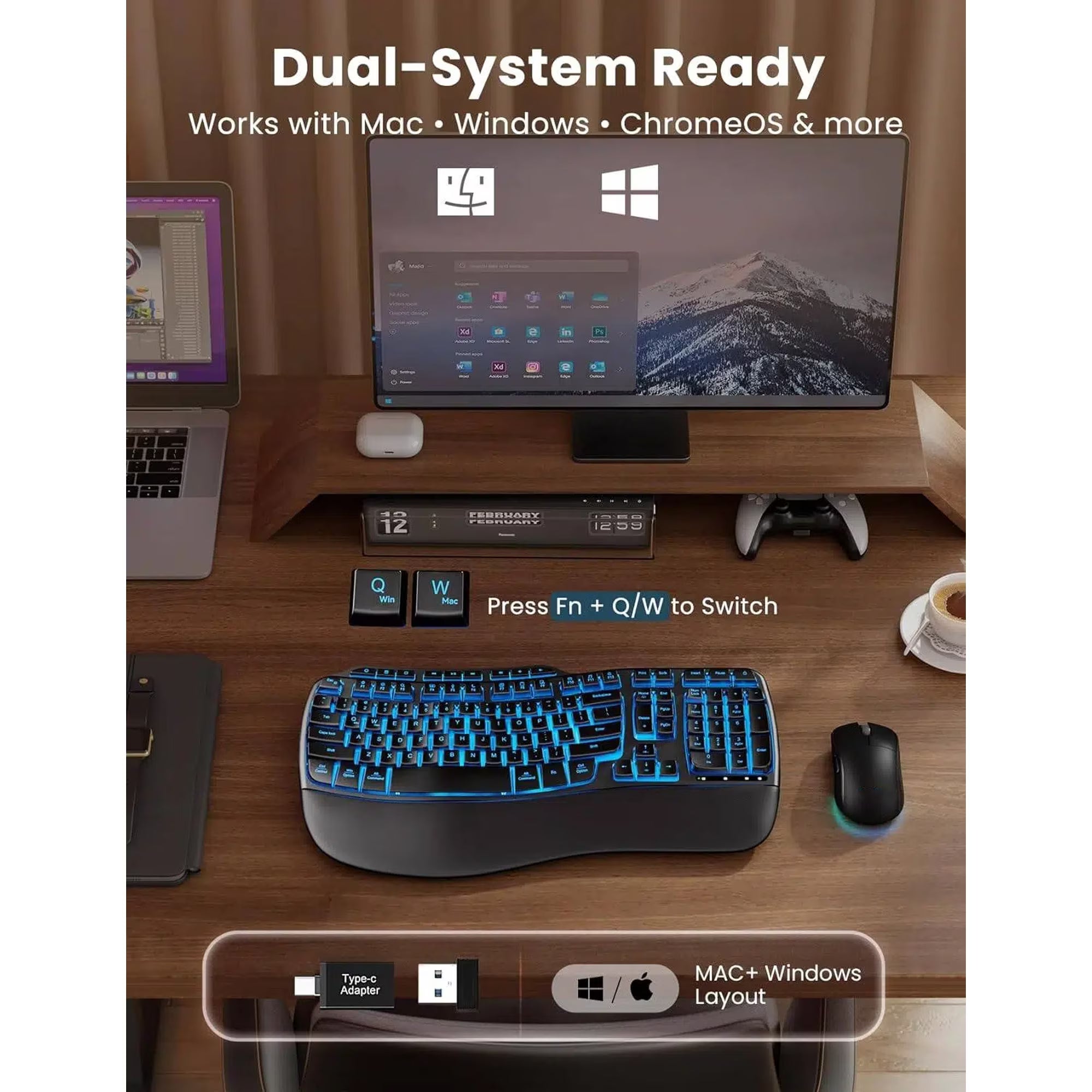 Ensemble clavier et souris sans fil ergonomique rechargeable rétroéclairé RGB avec repose-poignets, 4000mah, 2,4 GHz