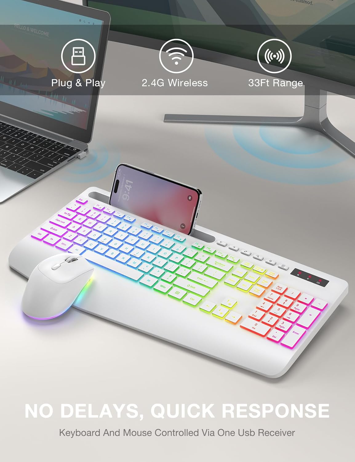 Ensemble clavier et souris sans fil ergonomique rechargeable rétroéclairé silencieux avec repose-poignets avec support pour téléphone – blanc