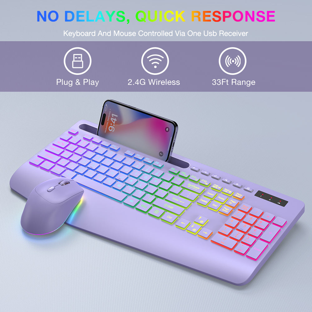 Ensemble clavier et souris sans fil ergonomique rechargeable rétroéclairé silencieux avec repose-poignets avec support pour téléphone – violet