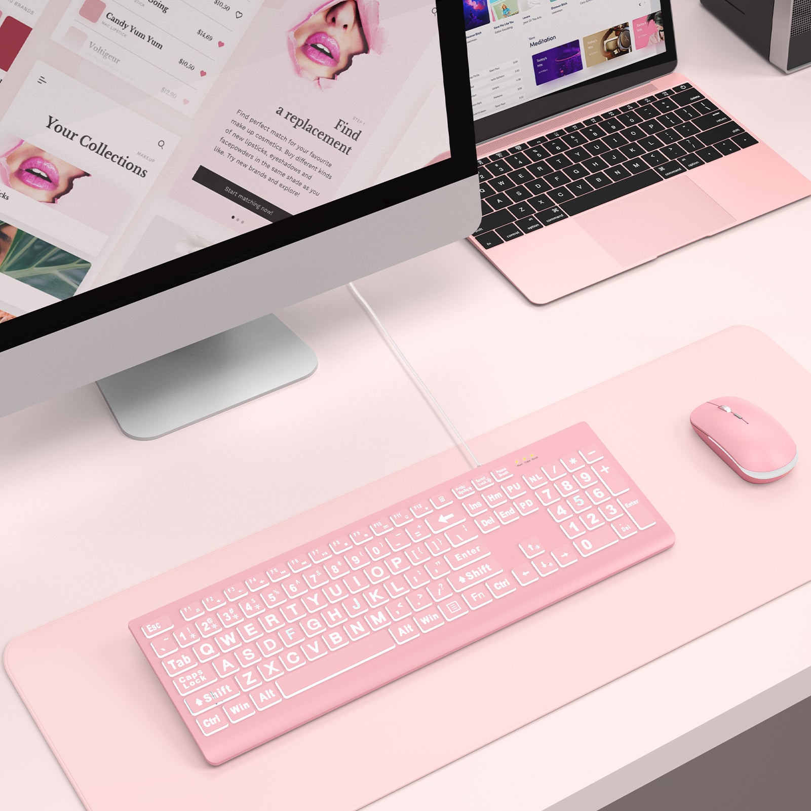 Clavier filaire ergonomique rétroéclairé à grands caractères – rose