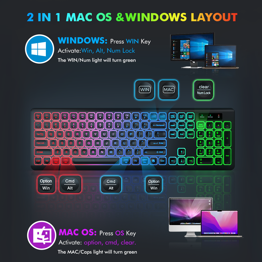 Ensemble clavier et souris sans fil ergonomique rechargeable rétroéclairé RGB silencieux, 2,4 GHz – noir