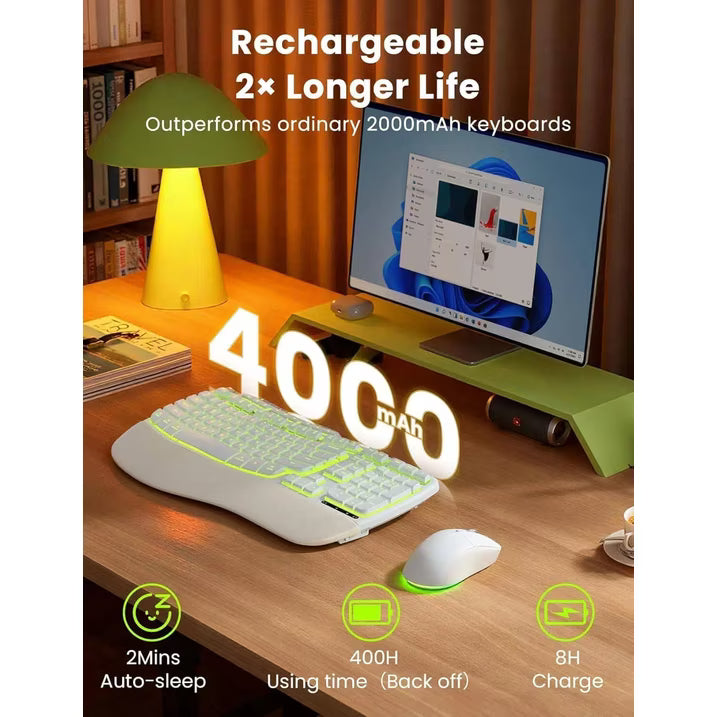 Ensemble clavier et souris sans fil ergonomique rechargeable rétroéclairé RGB avec repose-poignets, 4000mah, 2,4 GHz