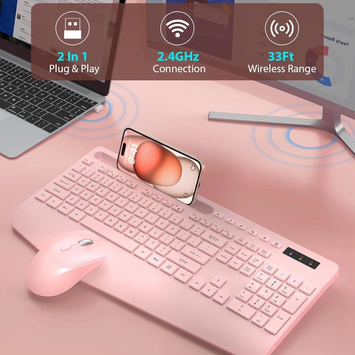 Ensemble clavier et souris sans fil ergonomique silencieux avec repose-poignets avec support pour téléphone, 2,4 GHz – rose clair