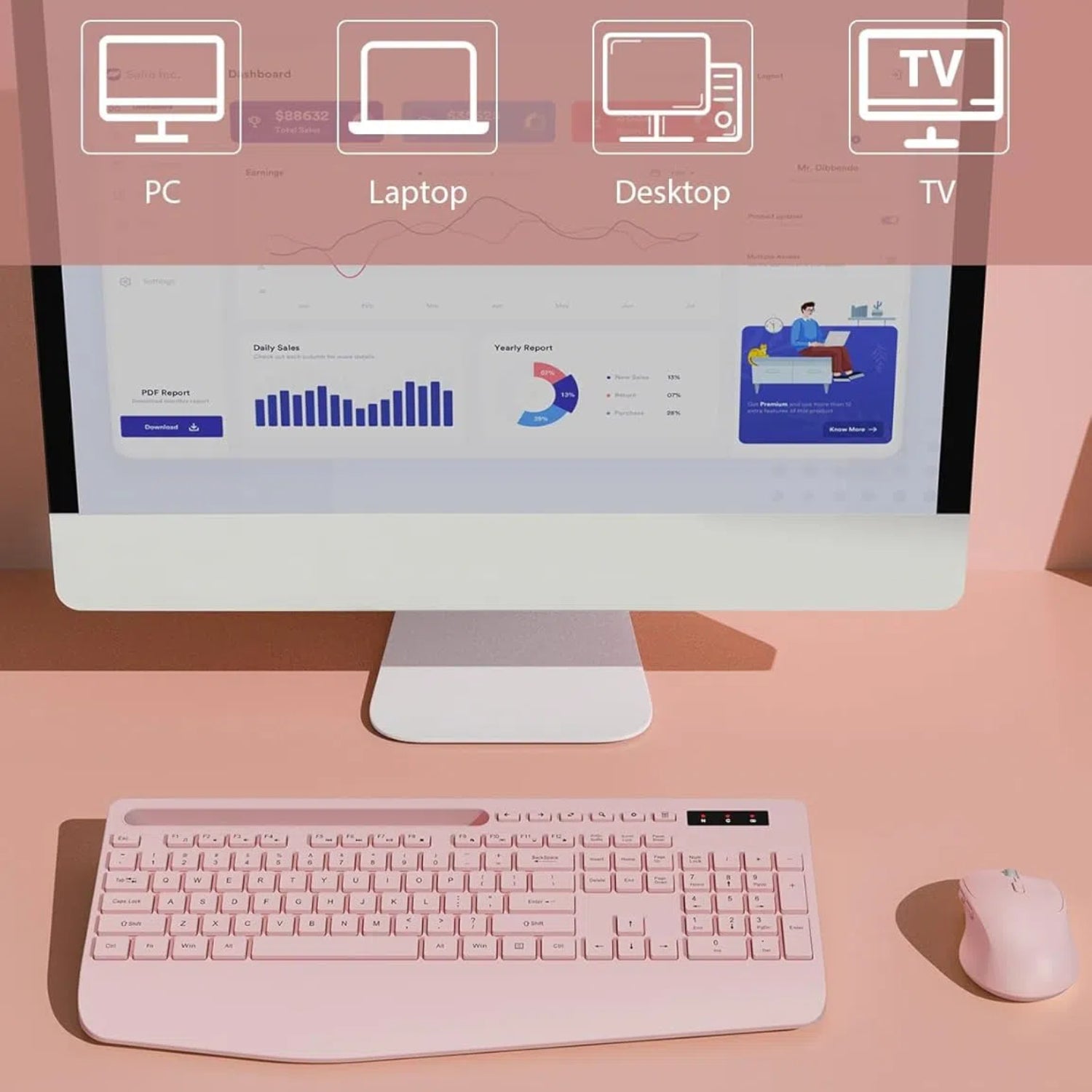 Ensemble clavier et souris sans fil ergonomique silencieux avec repose-poignets avec support pour téléphone, 2,4 GHz – rose clair