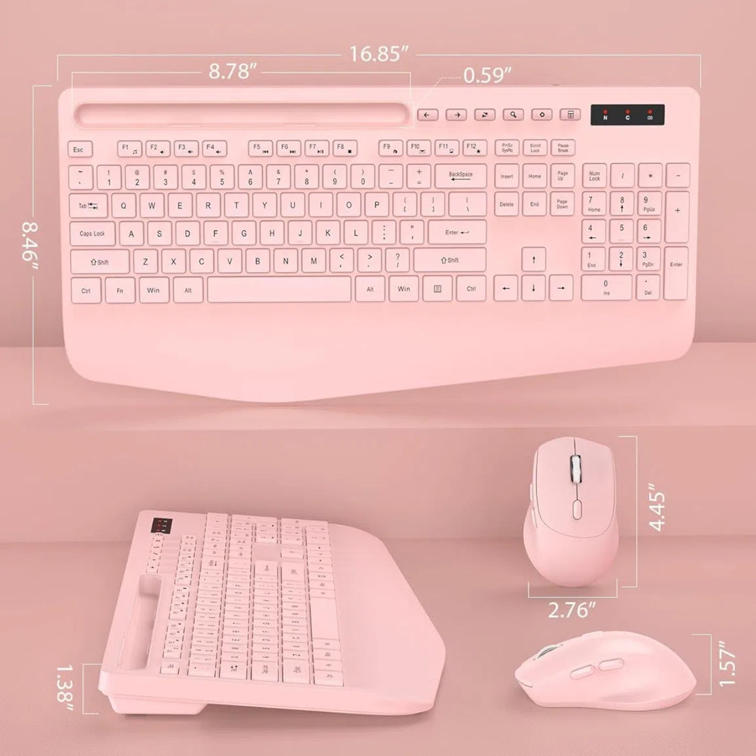 Ensemble clavier et souris sans fil ergonomique silencieux avec repose-poignets avec support pour téléphone, 2,4 GHz – rose clair