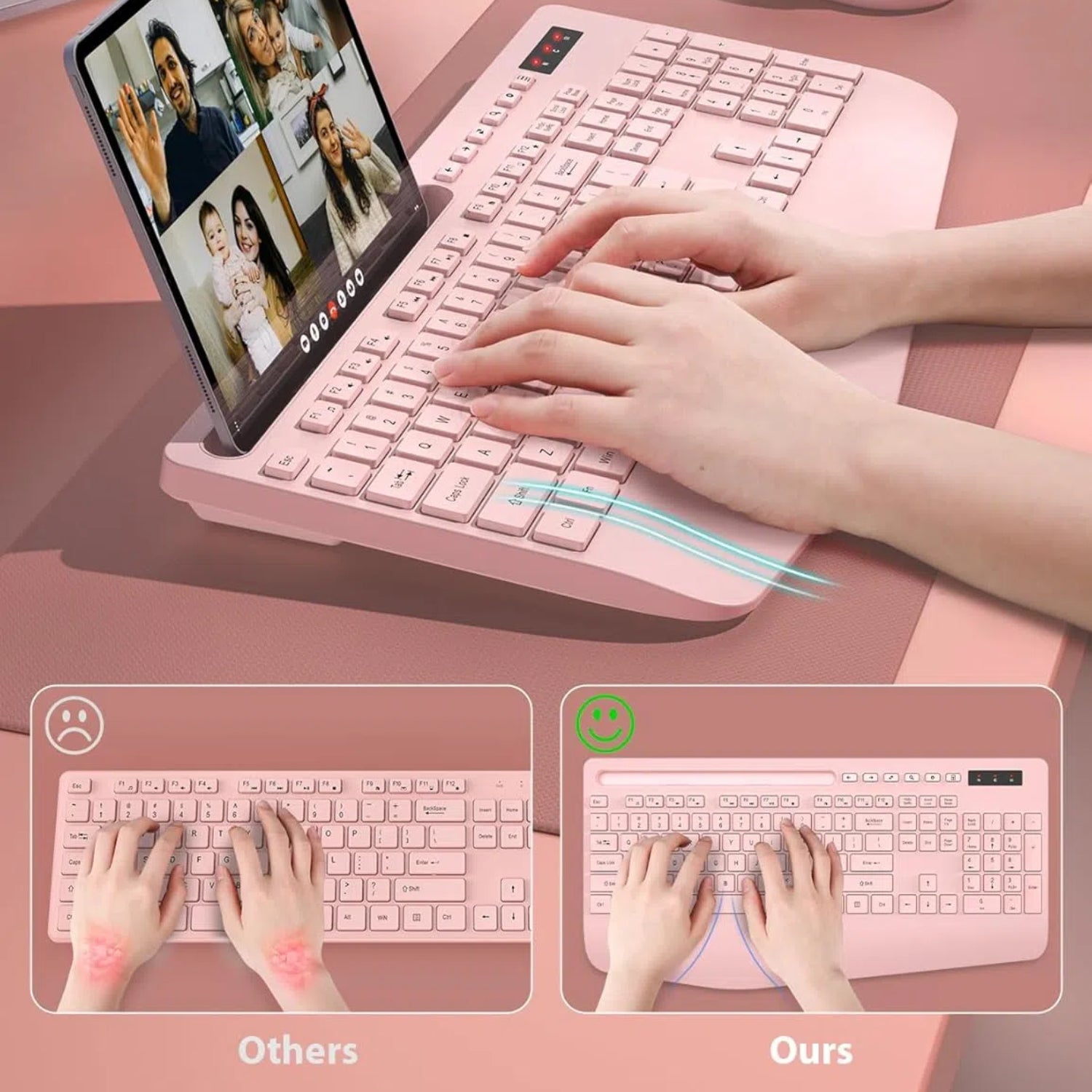 Ensemble clavier et souris sans fil ergonomique silencieux avec repose-poignets avec support pour téléphone, 2,4 GHz – rose clair