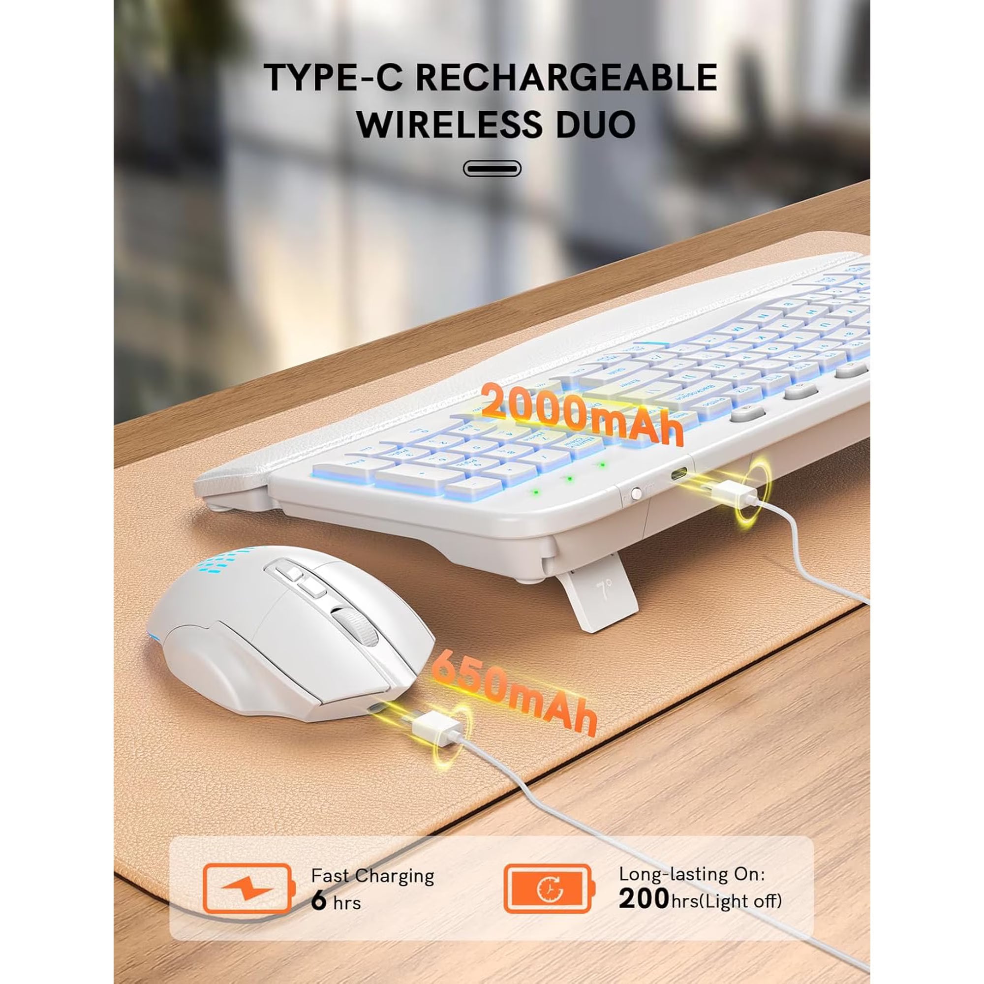 Ensemble clavier et souris sans fil ergonomique rechargeable rétroéclairé RGB avec repose-poignets, 2,4 GHz – blanc