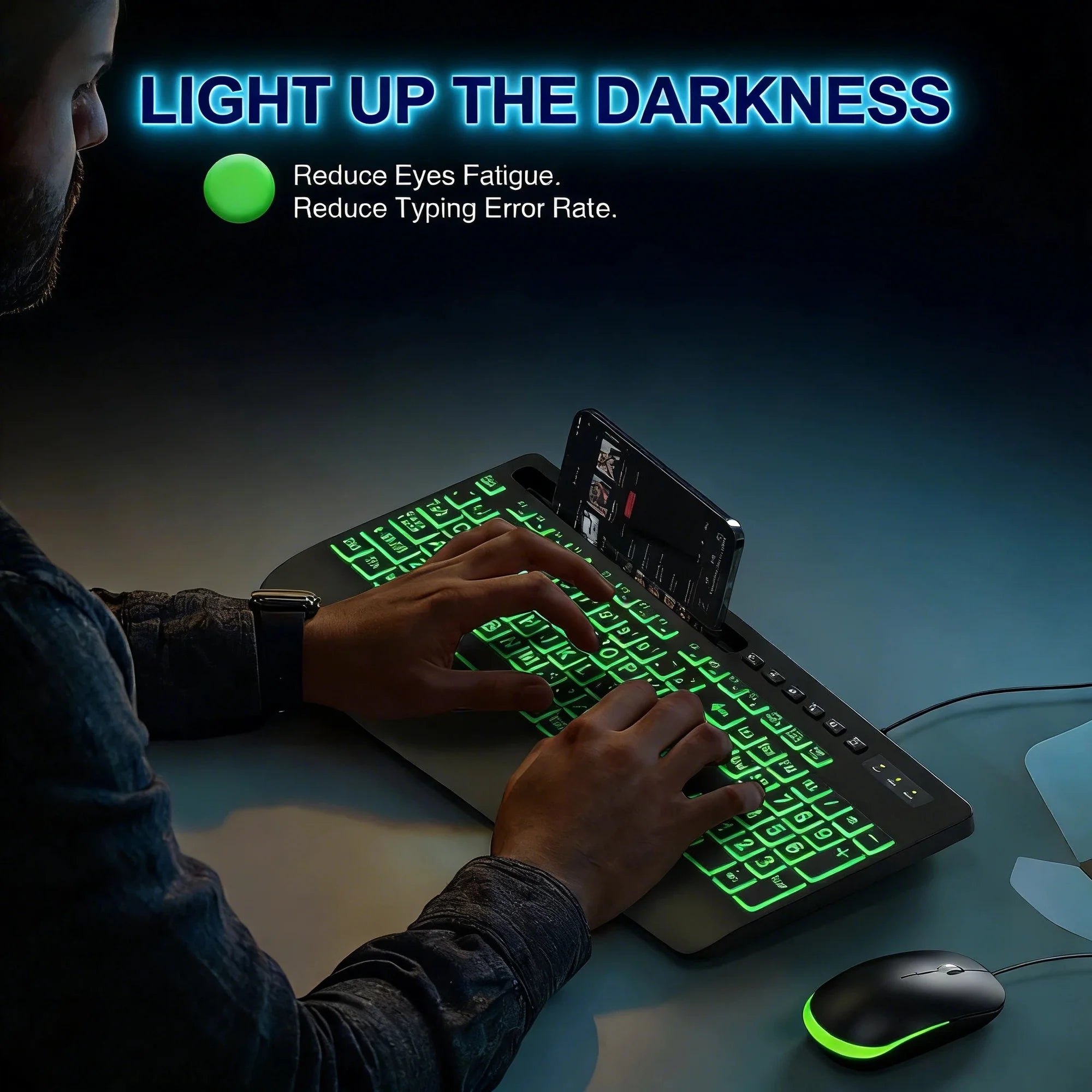 Clavier filaire ergonomique rétroéclairé à grands caractères avec repose-poignets avec support pour téléphone – noir