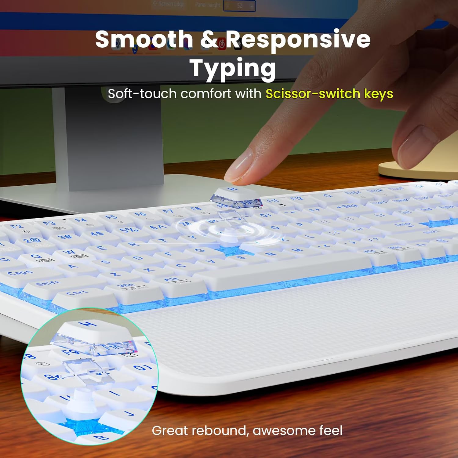 Ensemble clavier et souris sans fil ergonomique rechargeable rétroéclairé RGB silencieux avec repose-poignets avec support pour téléphone, 4000mah – blanc nuage