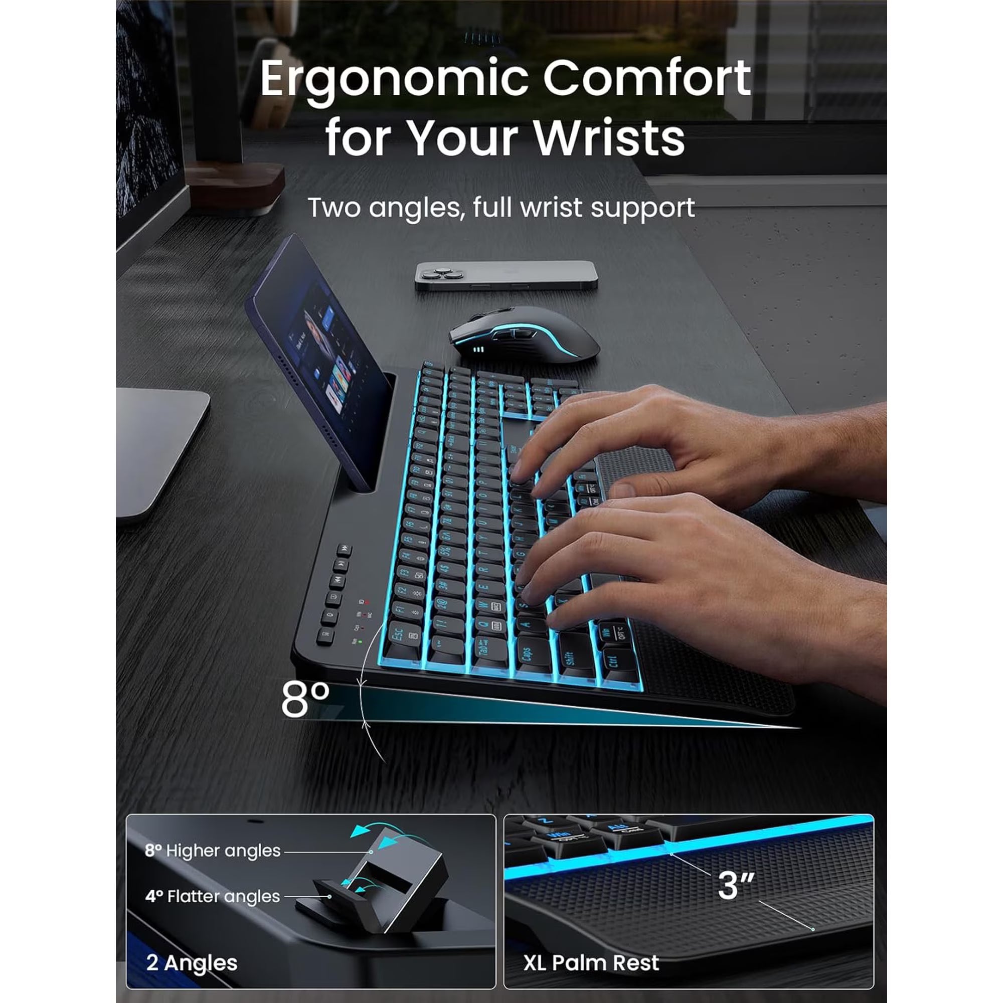 Ensemble clavier et souris sans fil ergonomique rechargeable rétroéclairé RGB silencieux avec repose-poignets avec support pour téléphone, 4000mah – noir