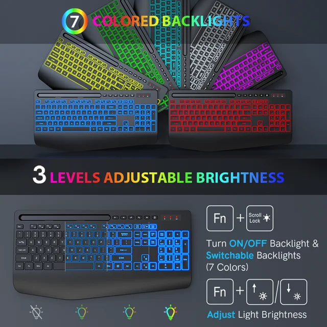 Clavier sans fil ergonomique rechargeable rétroéclairé silencieux avec repose-poignets avec support pour téléphone, 2,4 GHz, 112 touches