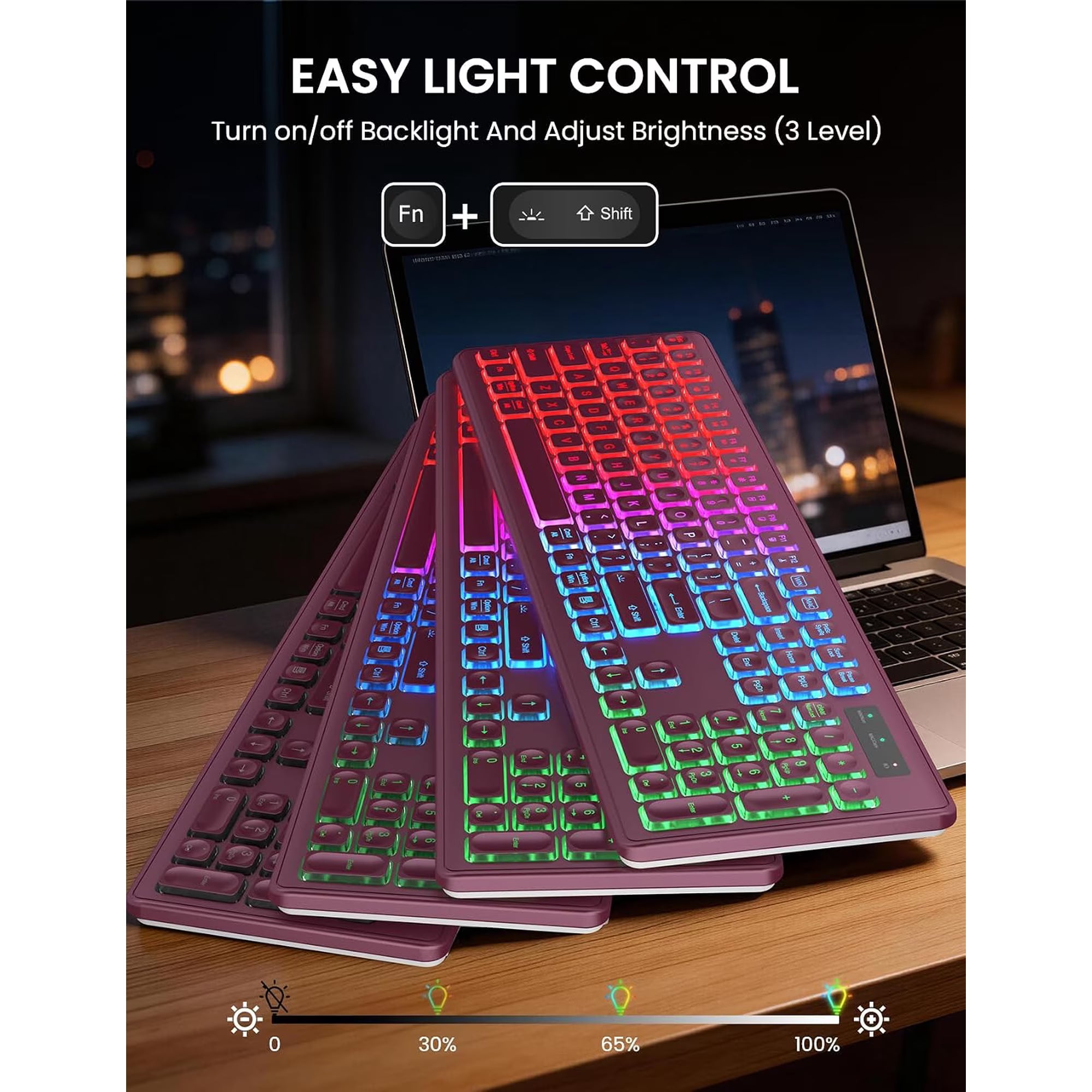 Ensemble clavier et souris sans fil rechargeable rétroéclairé RGB silencieux, 2,4 GHz – rouge baie