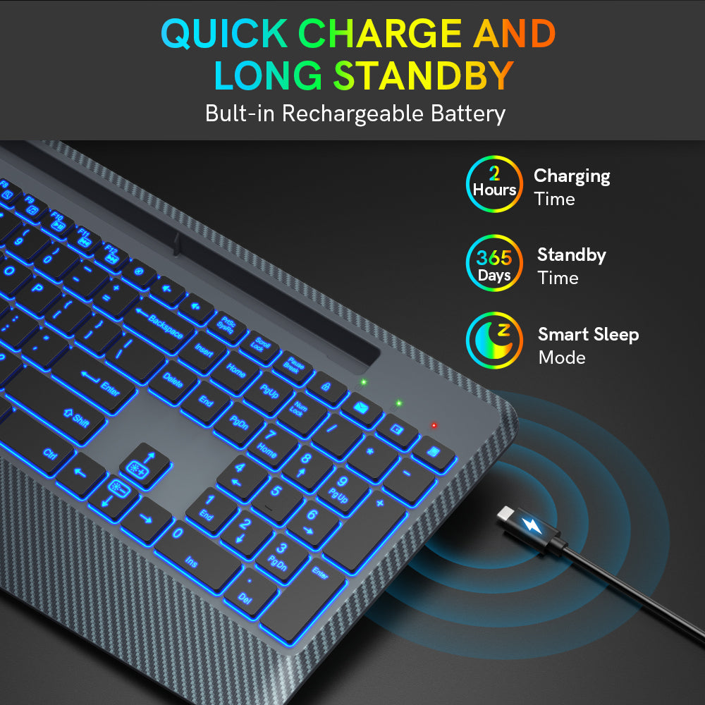 Clavier sans fil ergonomique rechargeable rétroéclairé silencieux avec repose-poignets, 2,4 GHz – gris