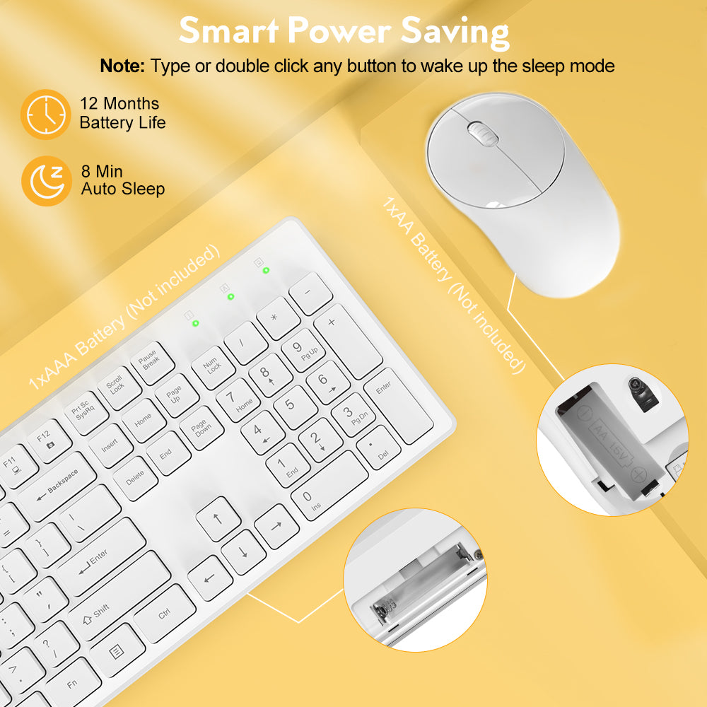 Ensemble clavier et souris sans fil silencieux, 2,4 GHz – blanc