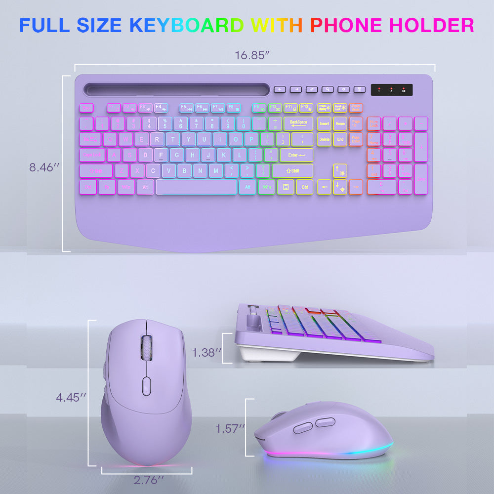 Ensemble clavier et souris sans fil ergonomique rechargeable rétroéclairé silencieux avec repose-poignets avec support pour téléphone – violet