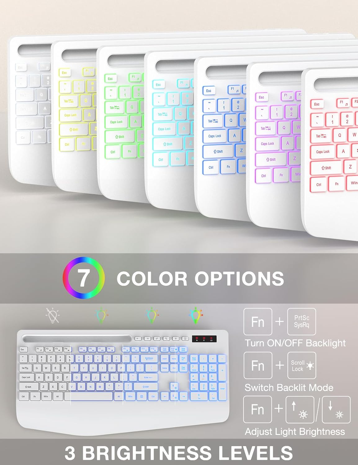 Ensemble clavier et souris sans fil ergonomique rechargeable rétroéclairé silencieux avec repose-poignets avec support pour téléphone – blanc