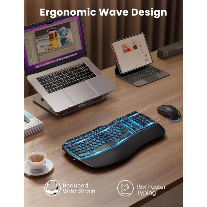Ensemble clavier et souris sans fil ergonomique rechargeable rétroéclairé RGB avec repose-poignets, 4000mah, 2,4 GHz