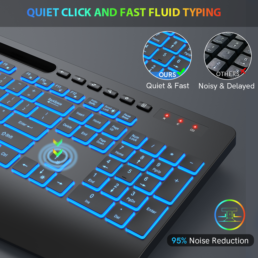 Clavier sans fil ergonomique rechargeable rétroéclairé silencieux avec repose-poignets avec support pour téléphone, 2,4 GHz, 112 touches