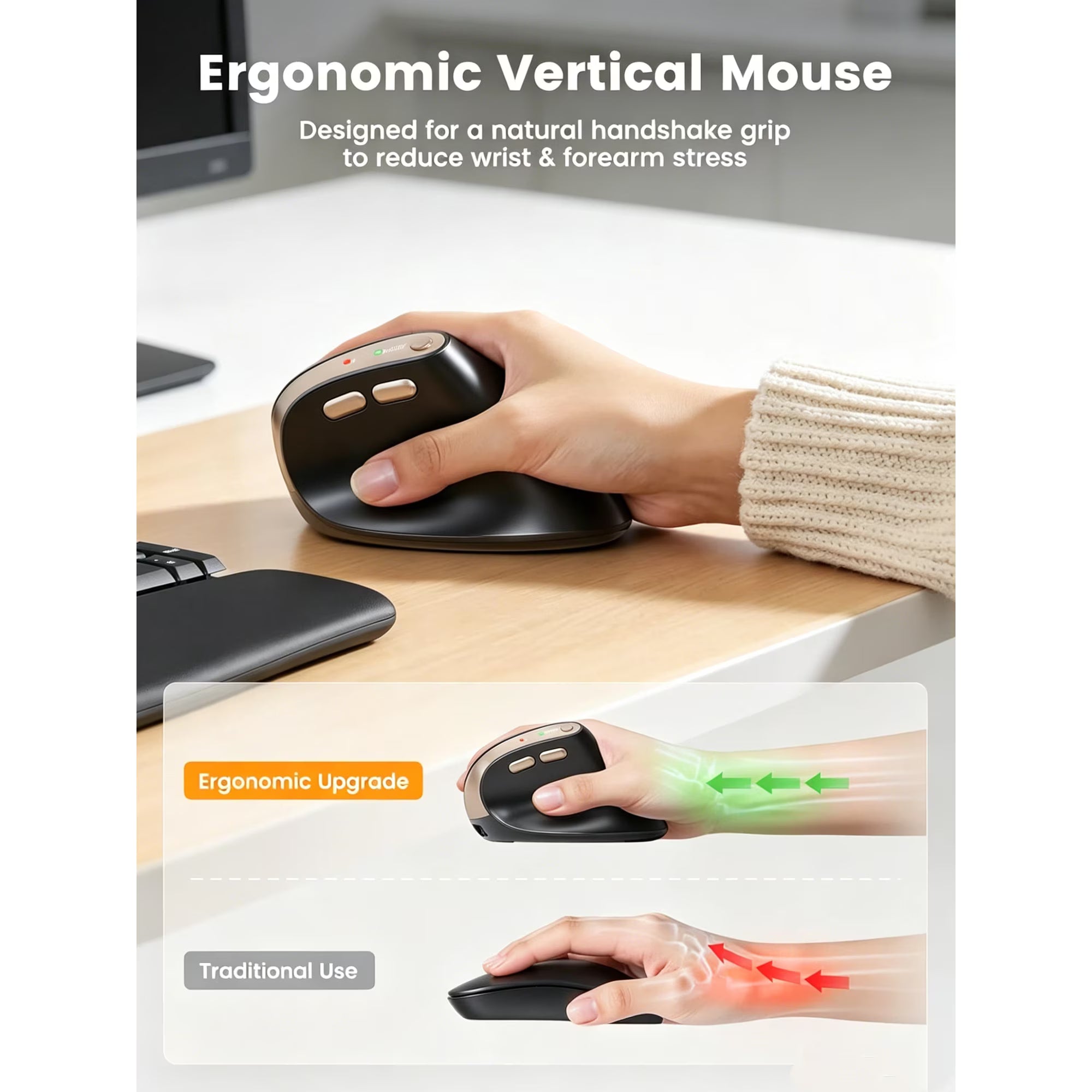 Souris verticale ergonomique sans fil rechargeable silencieuse, 4 niveaux de DPI – noir